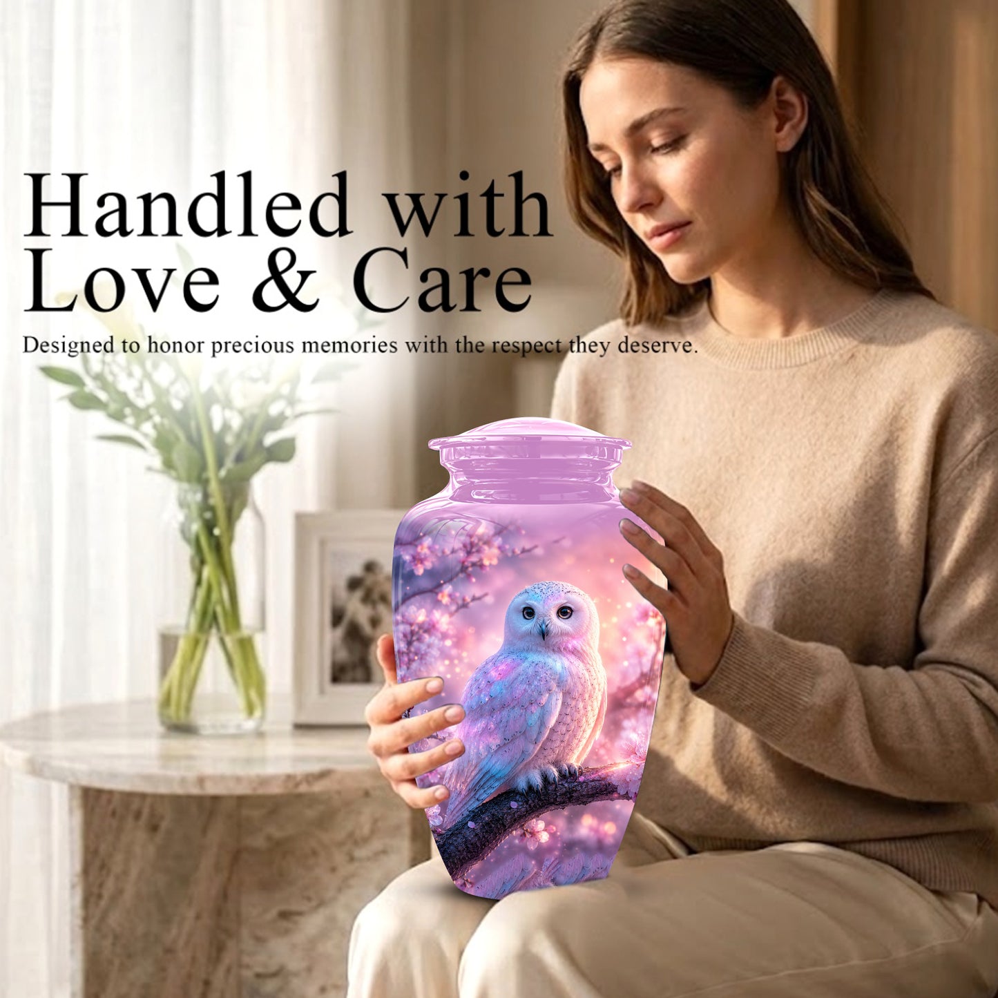White Owl Cremation Urn - Beautiful Pink Memorial Urns For Human Ashes