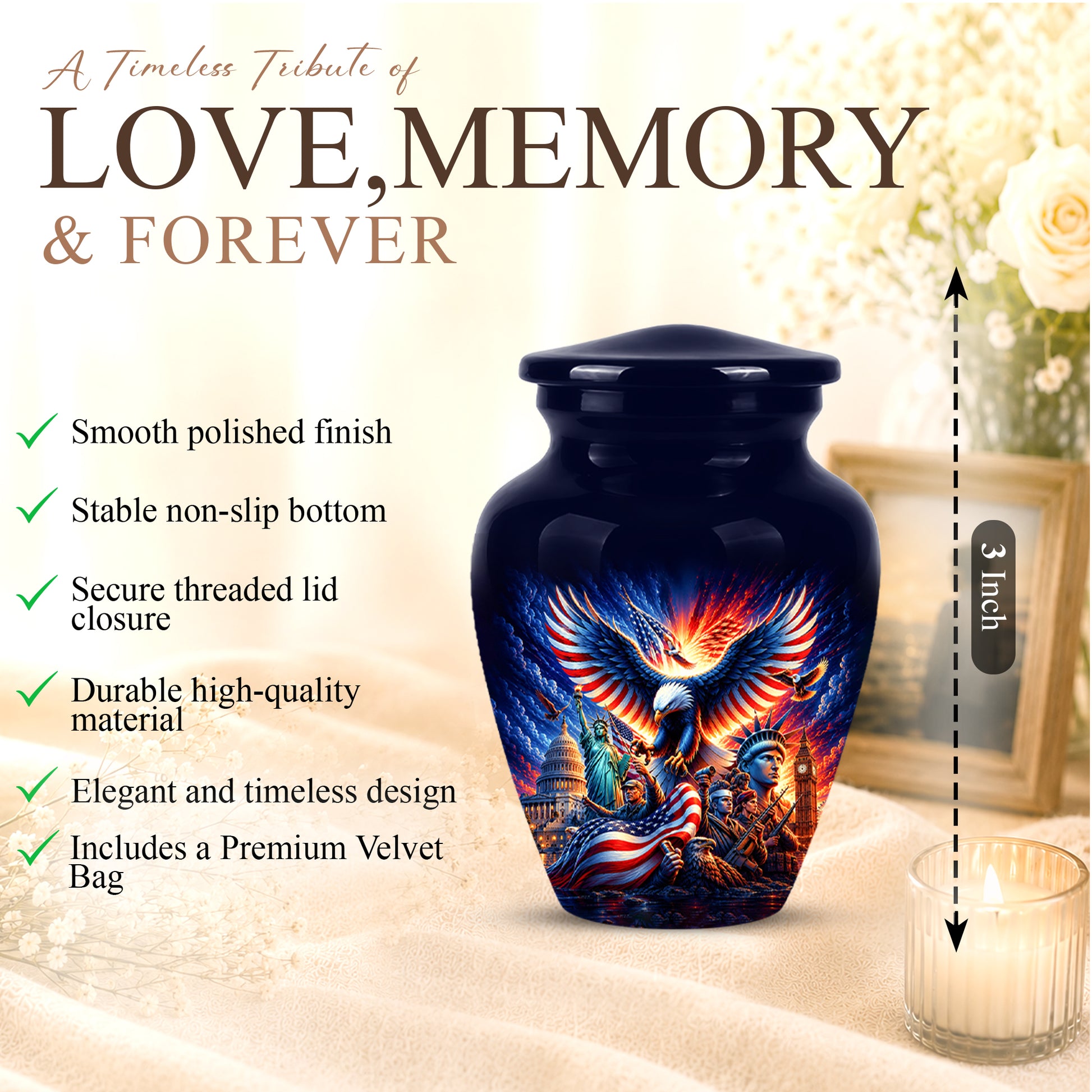 Custom Veteran Cremation Urn - American Flag & Eagle Urns For Ashes