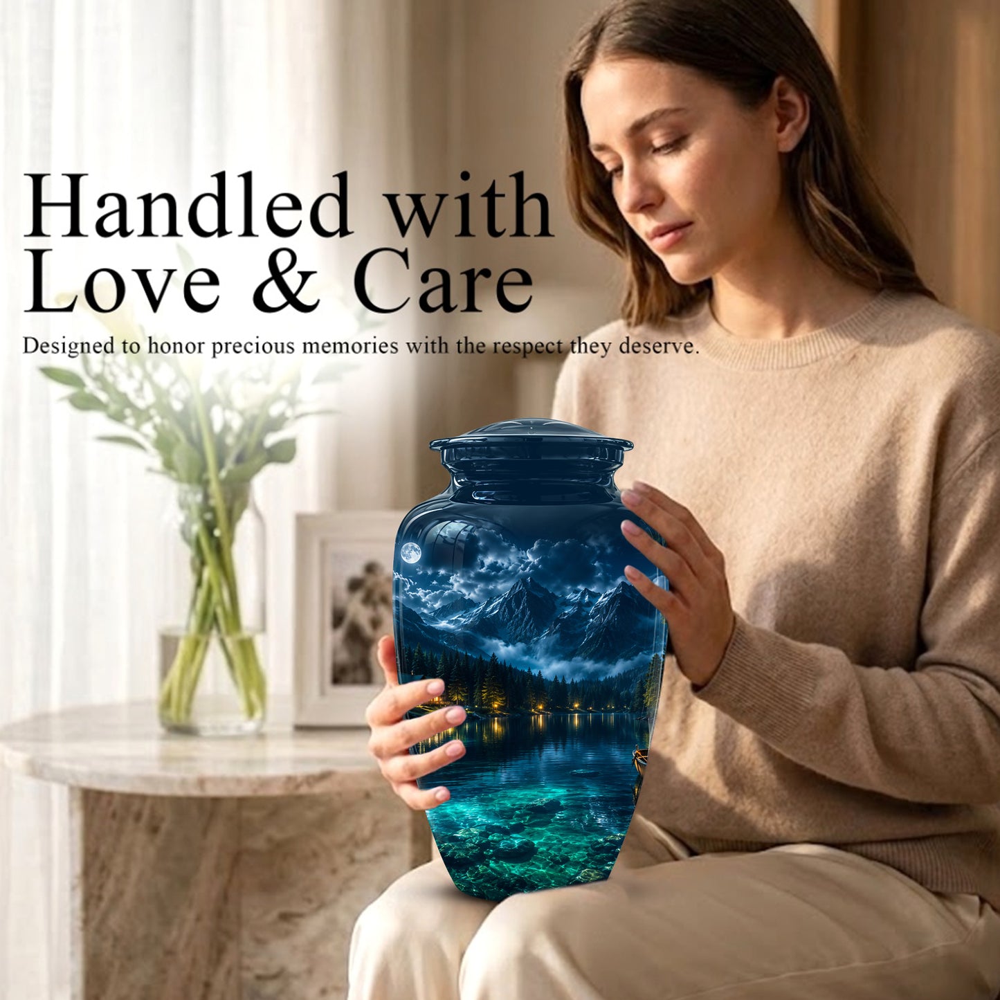 Mountain Lake Cremation Urn - Night Landscape Urns For Human Ashes