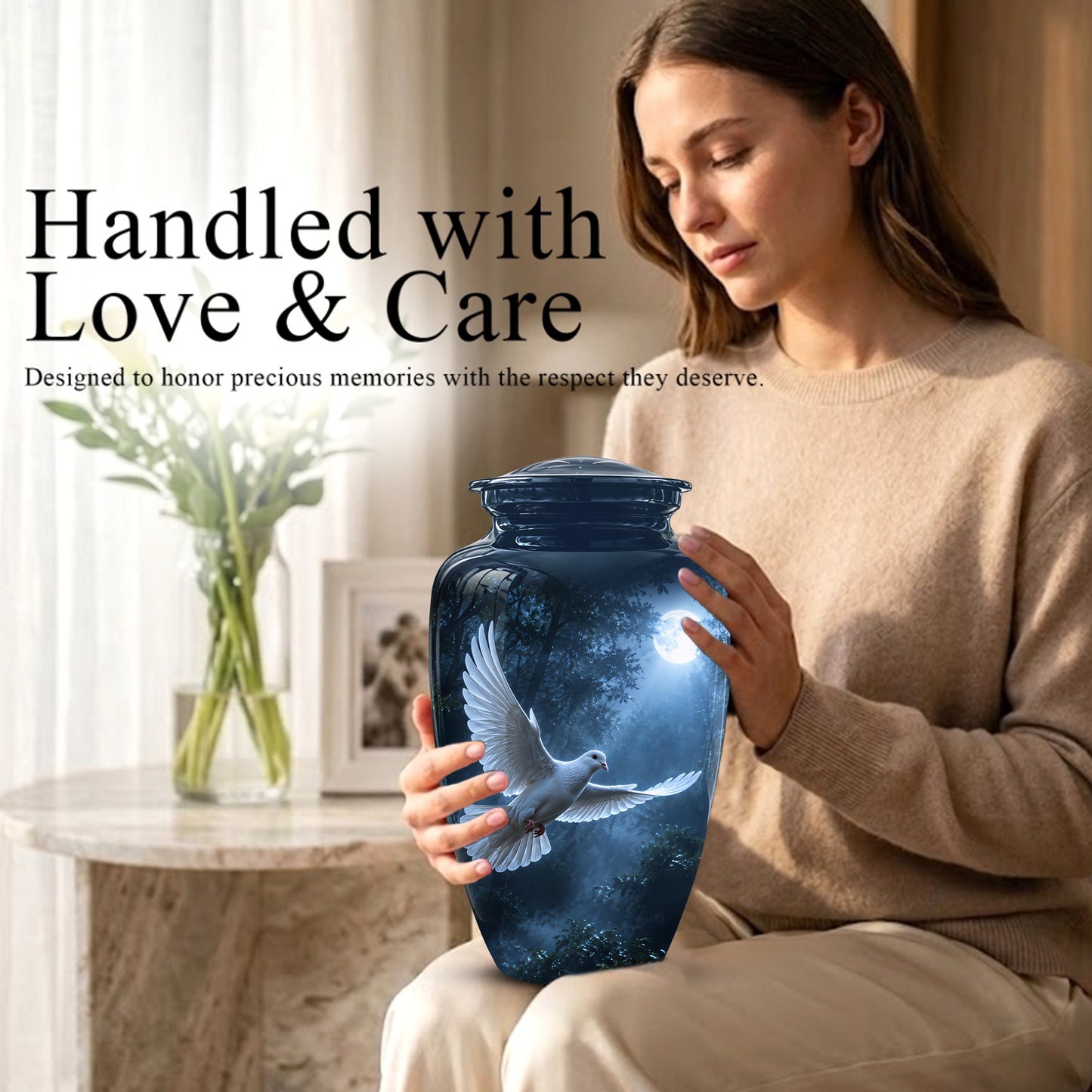 White Flying Dove Cremation Urn - Night Moon Memorial Urns For Ashes