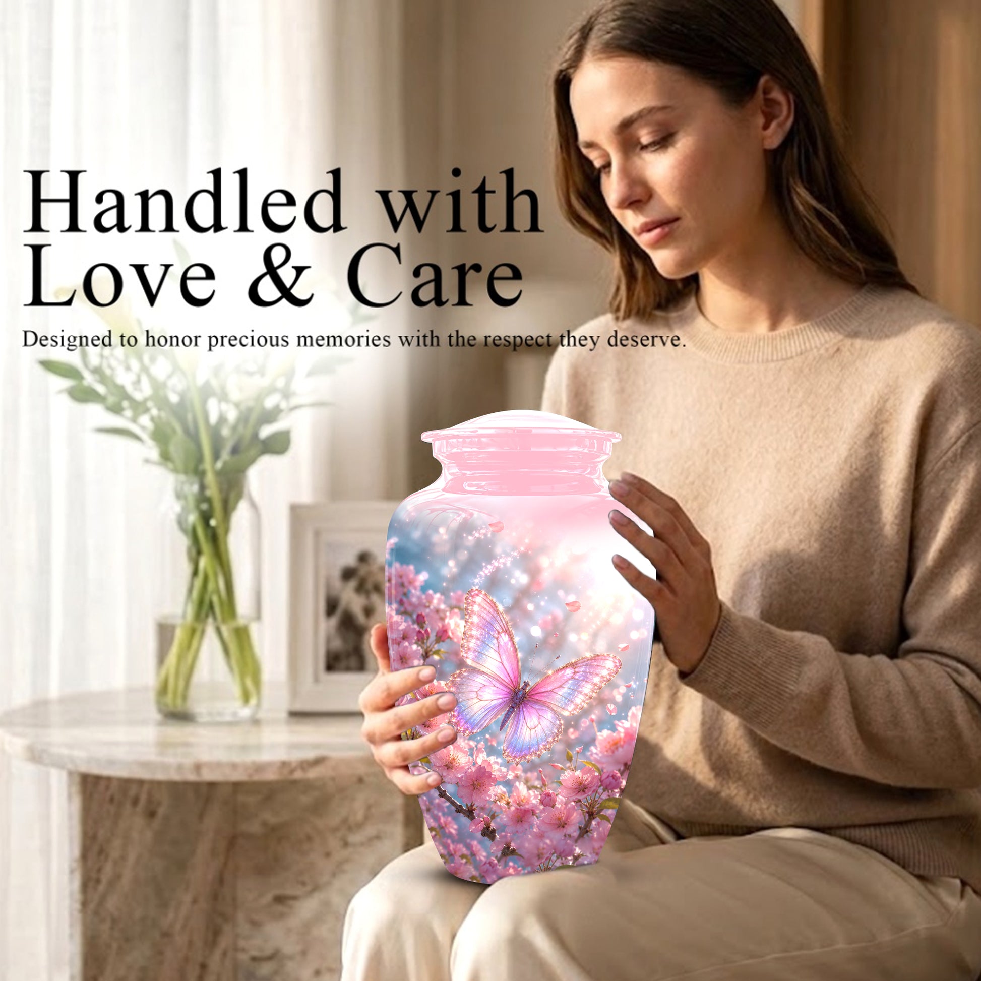 Personalized Pink Butterfly Memorial Urn - Handmade Urns For Mom Ashes