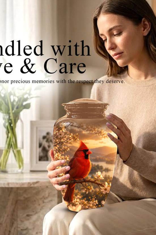 Red Cardinal Bird - Beautiful Sunset Scenic Burial Urns For  Ashes