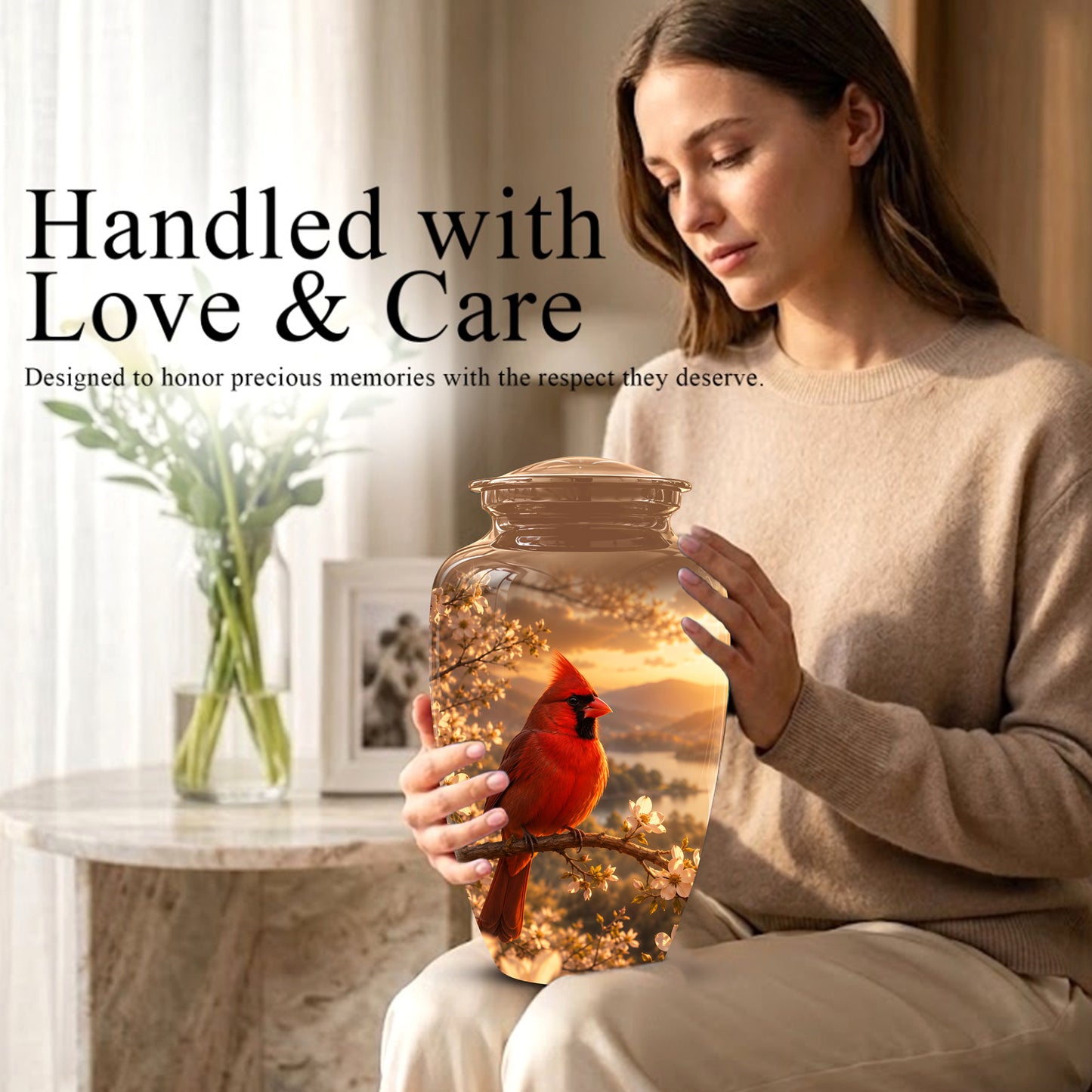 Red Cardinal Bird - Beautiful Sunset Scenic Burial Urns For  Ashes