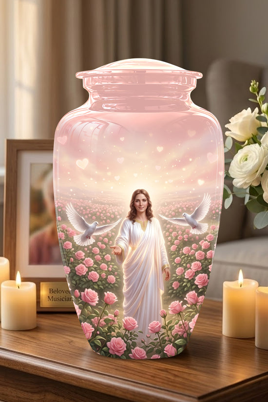 Jesus Christ And Roses Cremation Urn - Dove Memorial Urn For Ashes