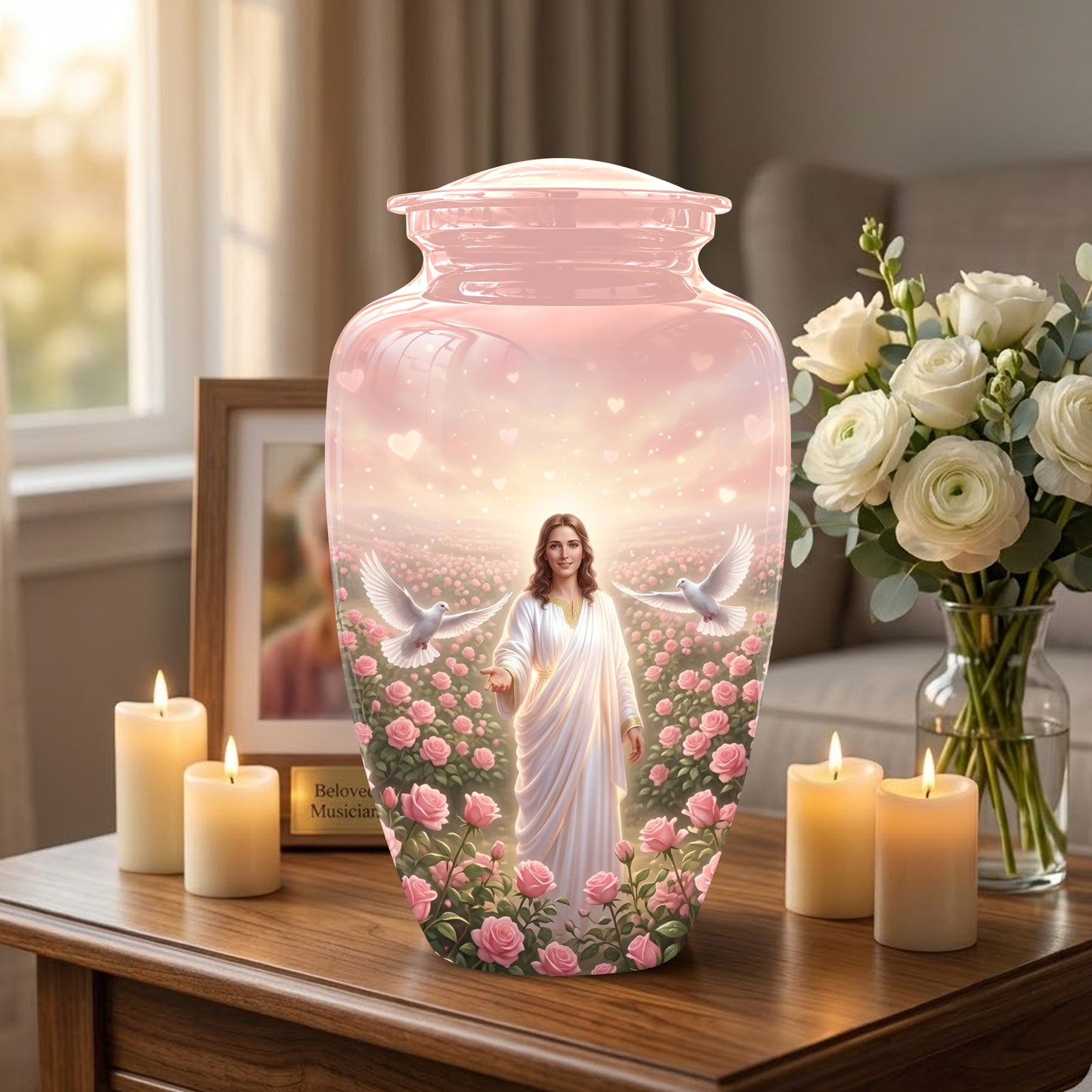 Jesus Christ And Roses Cremation Urn - Dove Memorial Urn For Ashes