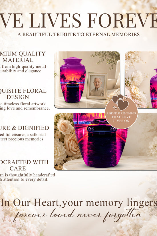 Neon Sunset Cityscape Sports Car Urn - Artistic Cremation Urn On Sale
