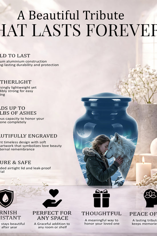 White Wolf Memorial Urn for Ashes - Custom Engraved Urns For Human