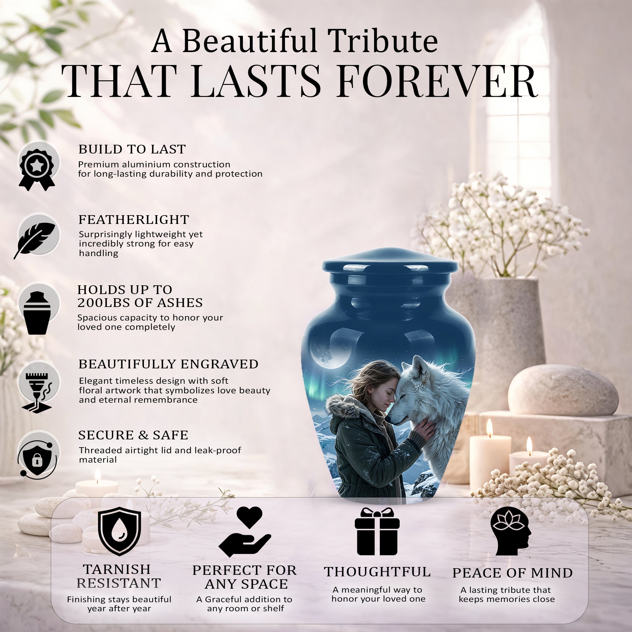White Wolf Memorial Urn for Ashes - Custom Engraved Urns For Human