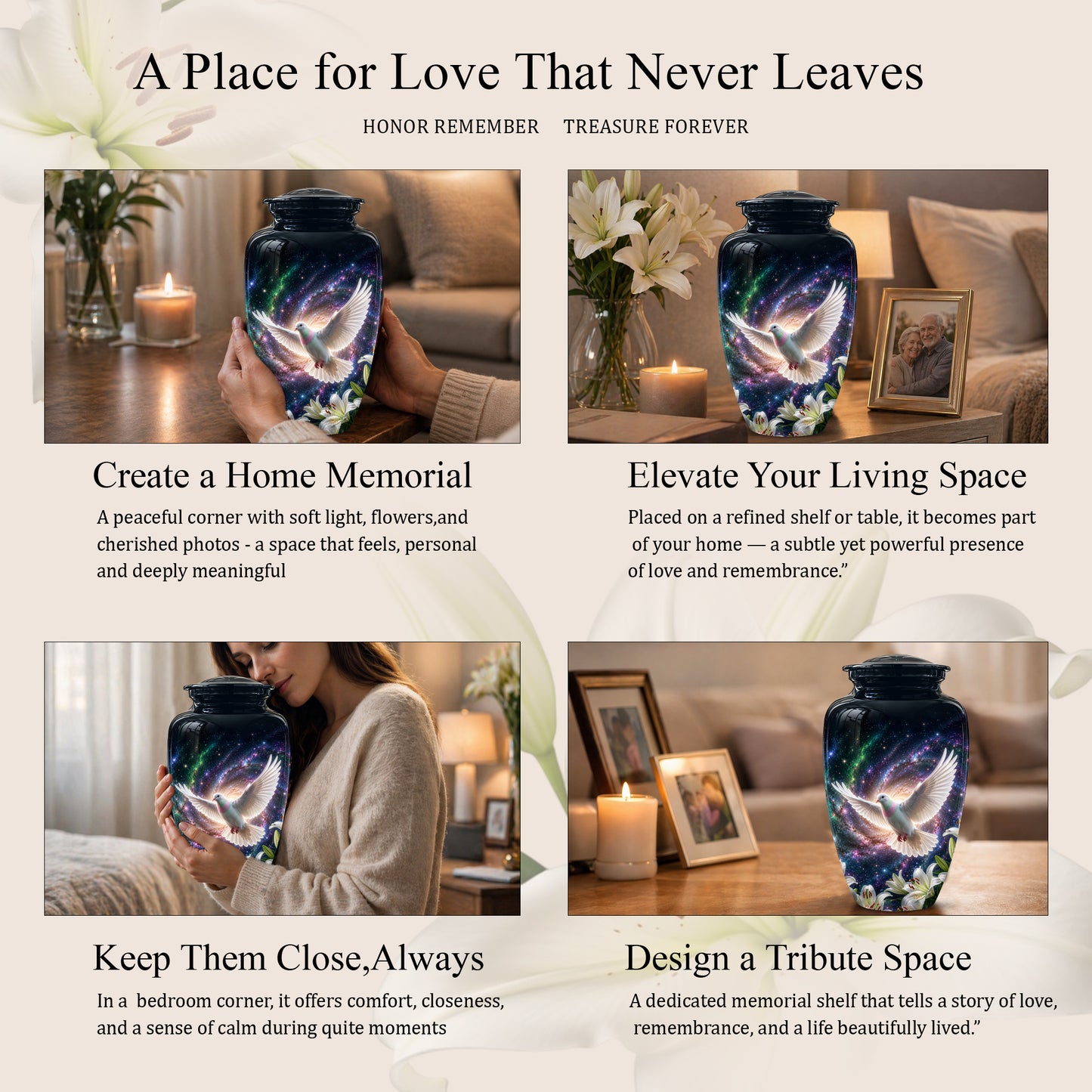 White Flying Dove Cremation Urn - Personalized Black Memorial Urns