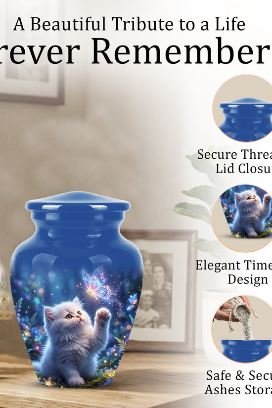White Cat With Majestic Butterfly - Blue Cremation Urns For Human Ashes