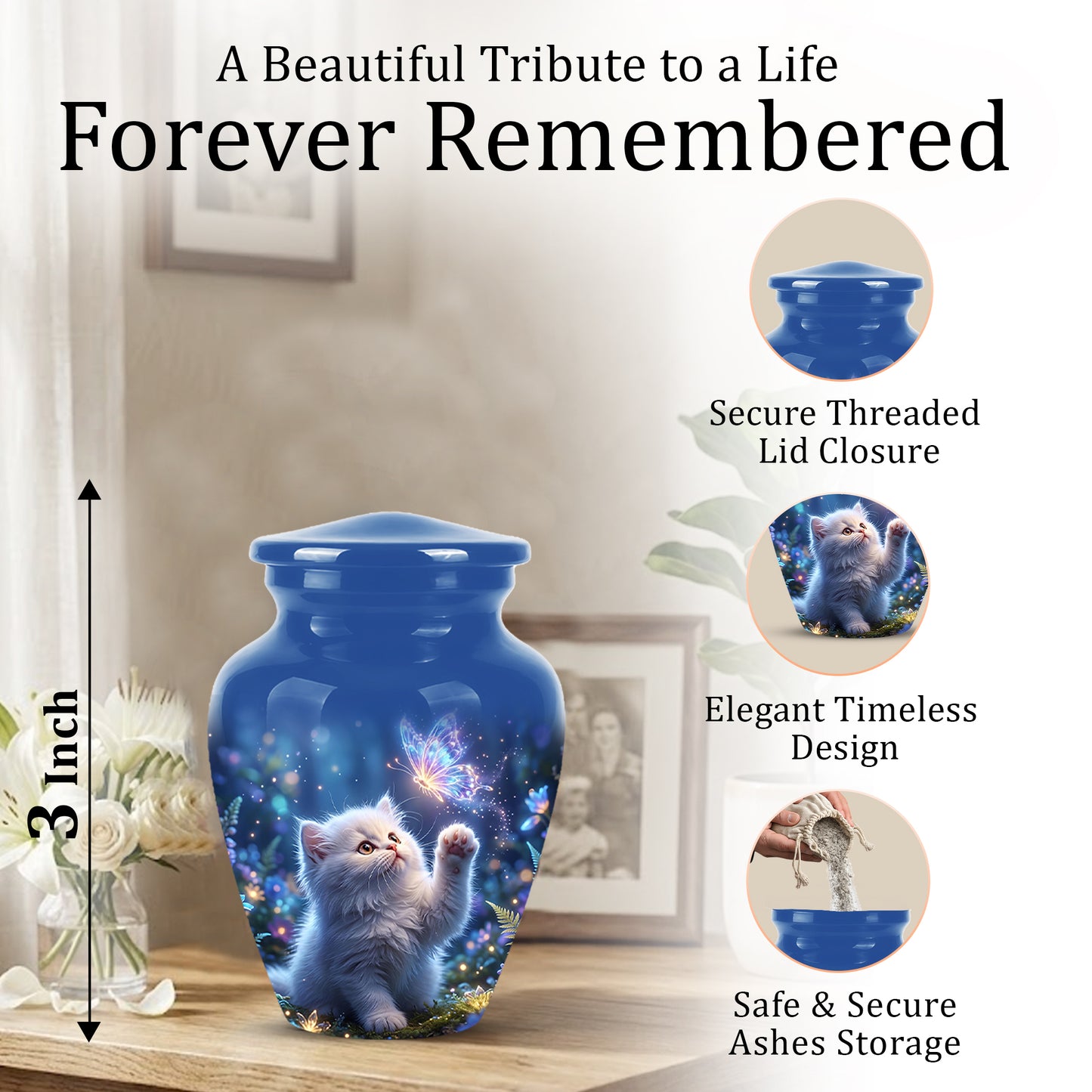 White Cat With Majestic Butterfly - Blue Cremation Urns For Human Ashes