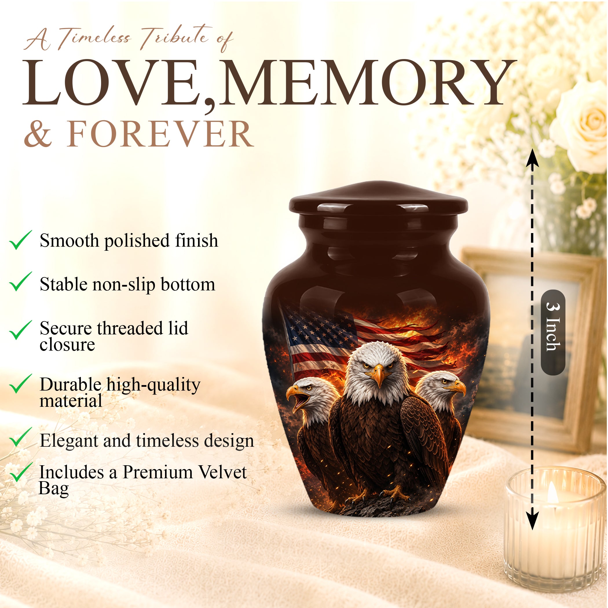 Bald Eagle & American Flag Funeral Urn - Patriotic Veteran Memorial Urn