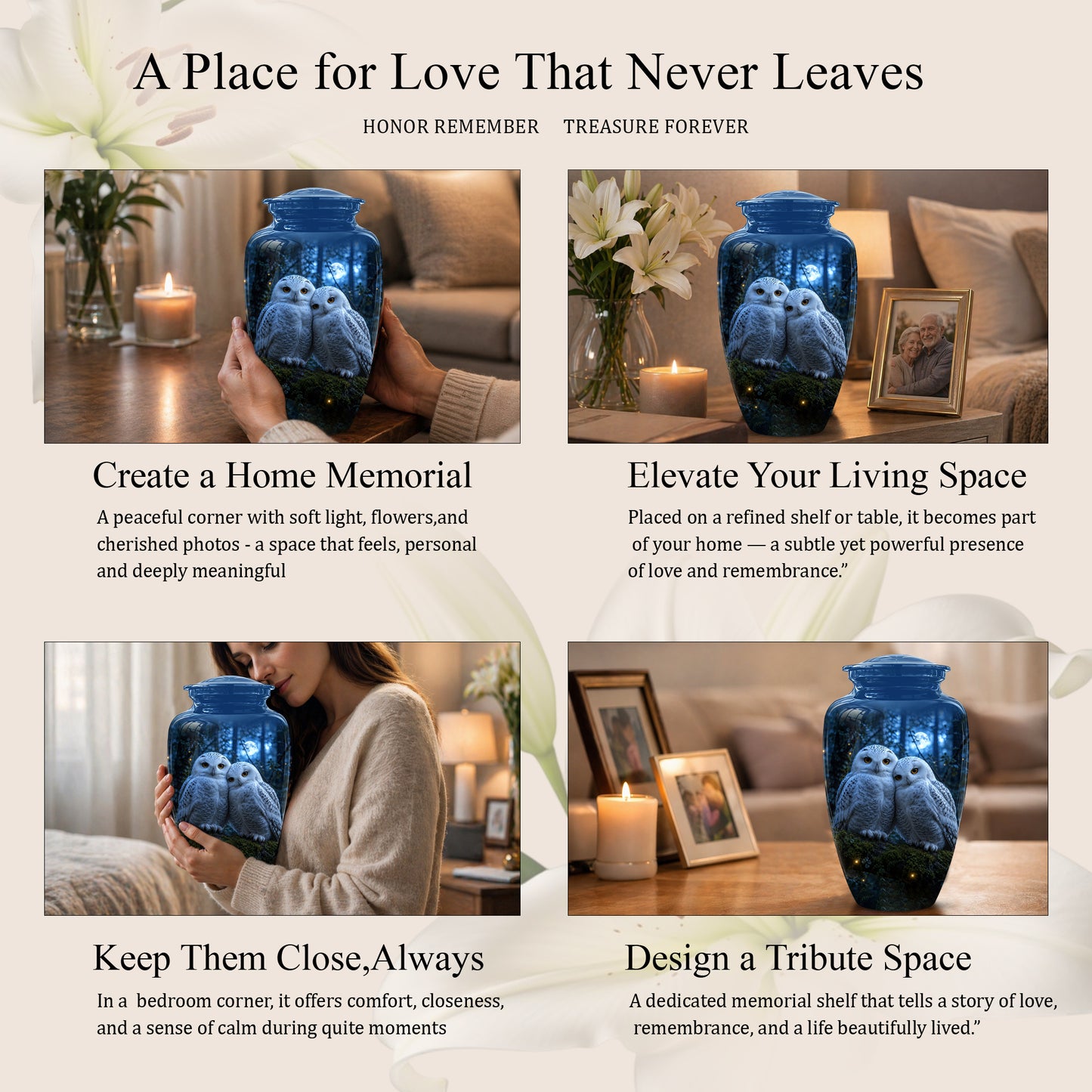 Snowy Owl Cremation Urn - Majestic Blue Memorial Urns For Human Ashes