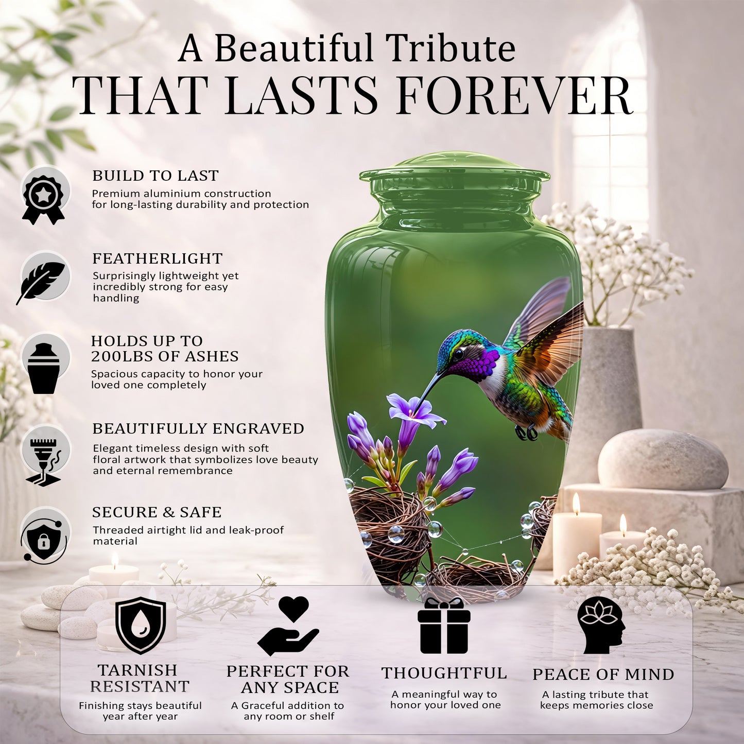 Colorful Hummingbird Memorial Urn - Green Burial Urns For Women Ashes