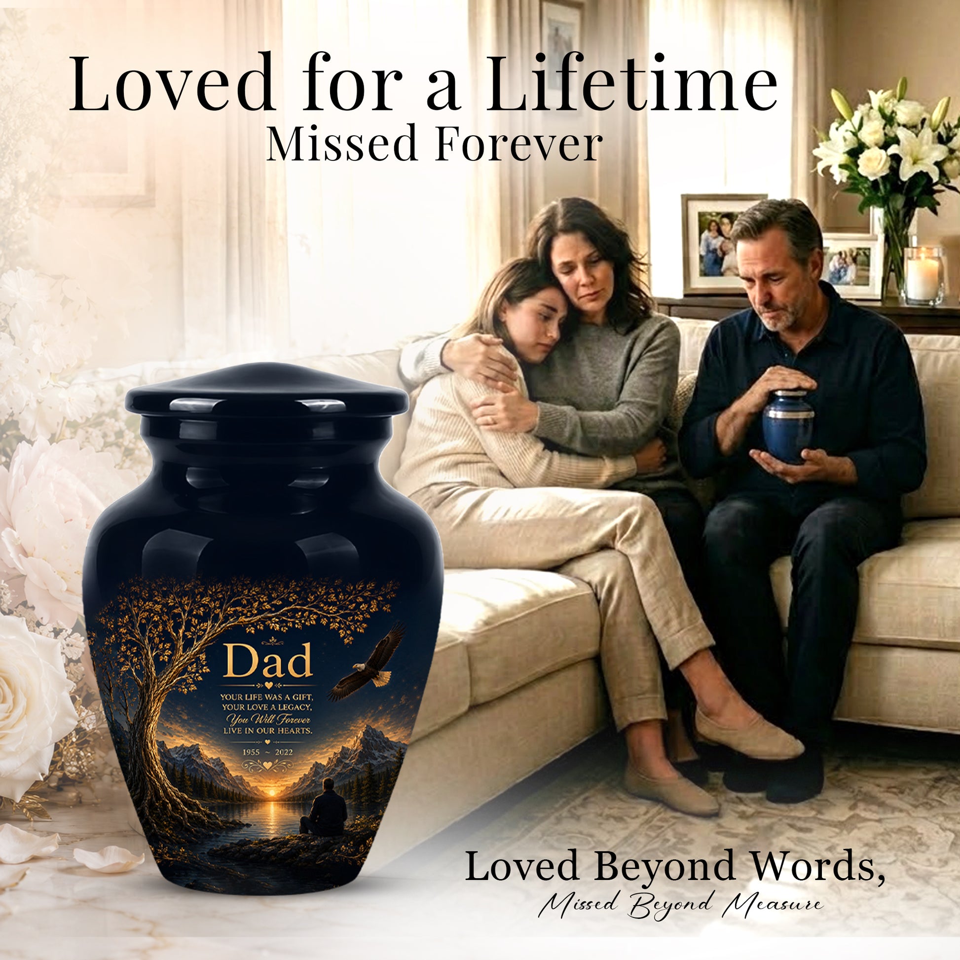 Mountain Memorial Urn for Dad – Black Funeral Urn for Human Ashes