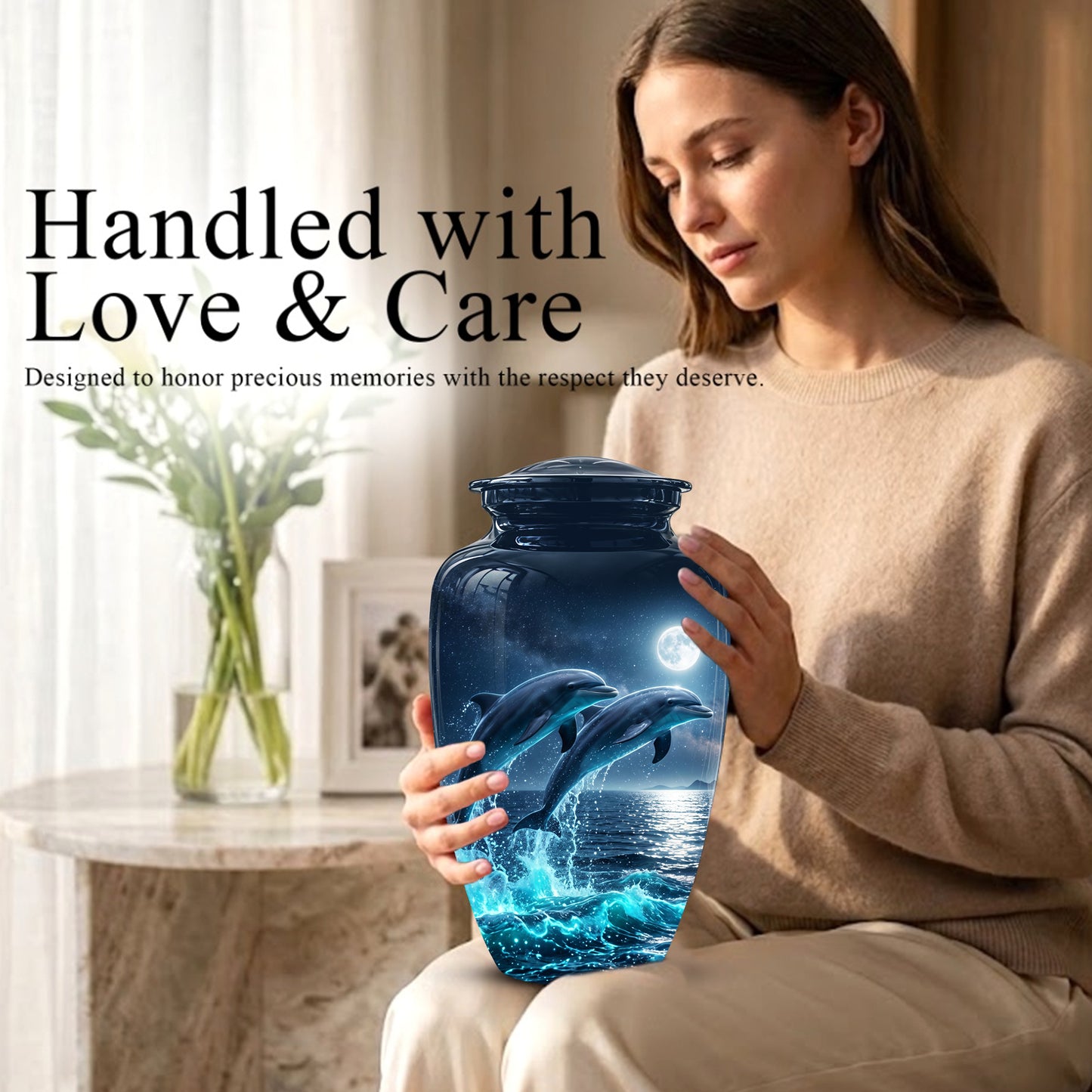 Beautiful Playful Dolphin Cremation Urn - Custom Moonlight Urns For Women