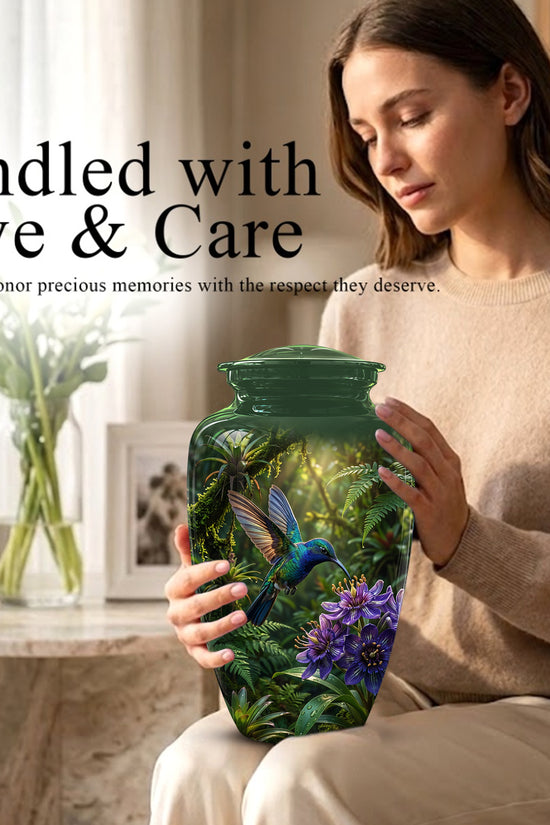 Flying Hummingbird Themed Urn - Beautiful Purple Flower Cremation Urns