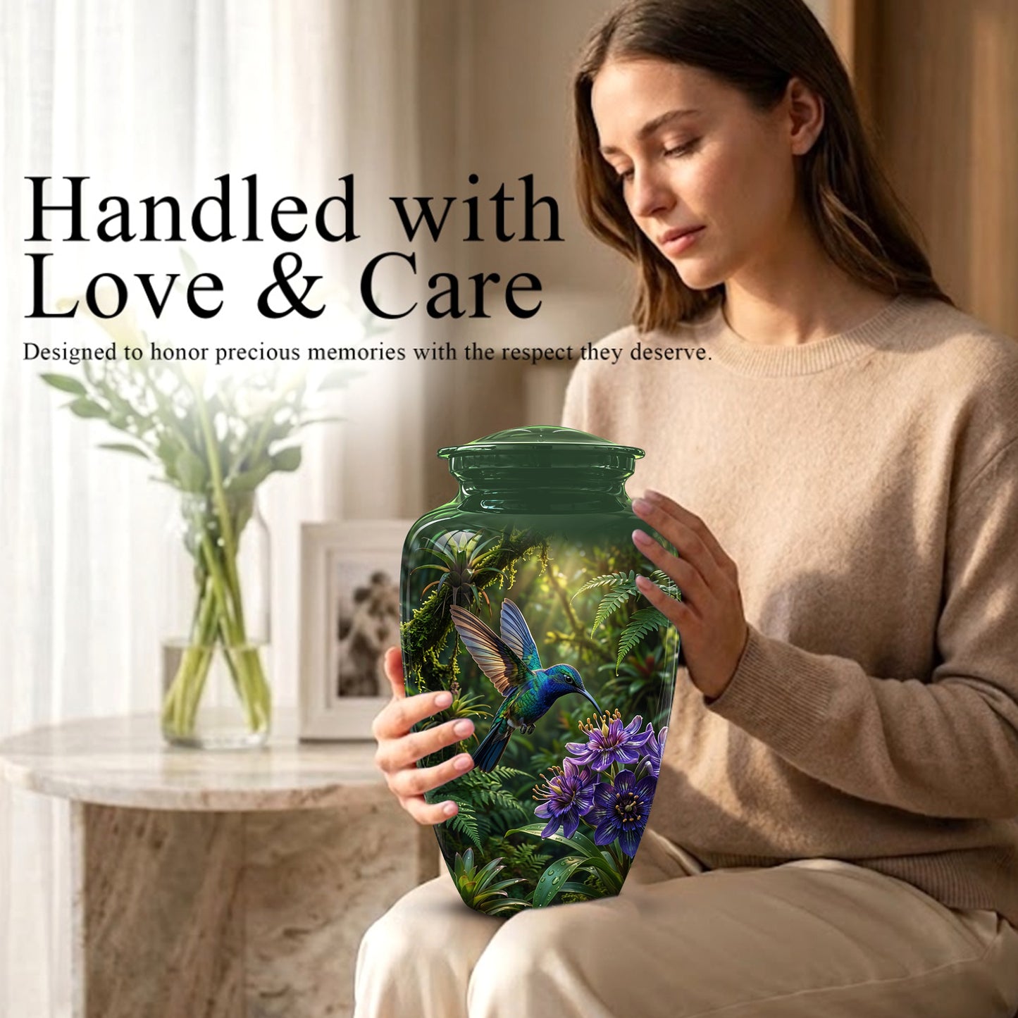 Flying Hummingbird Themed Urn - Beautiful Purple Flower Cremation Urns