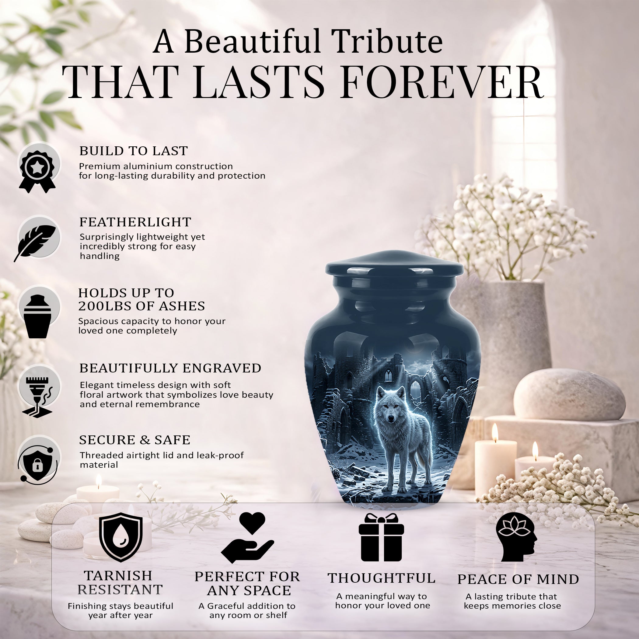 Night Wolf Memorial Urn - Moonlight Funeral Urns For Men & Women Ashes