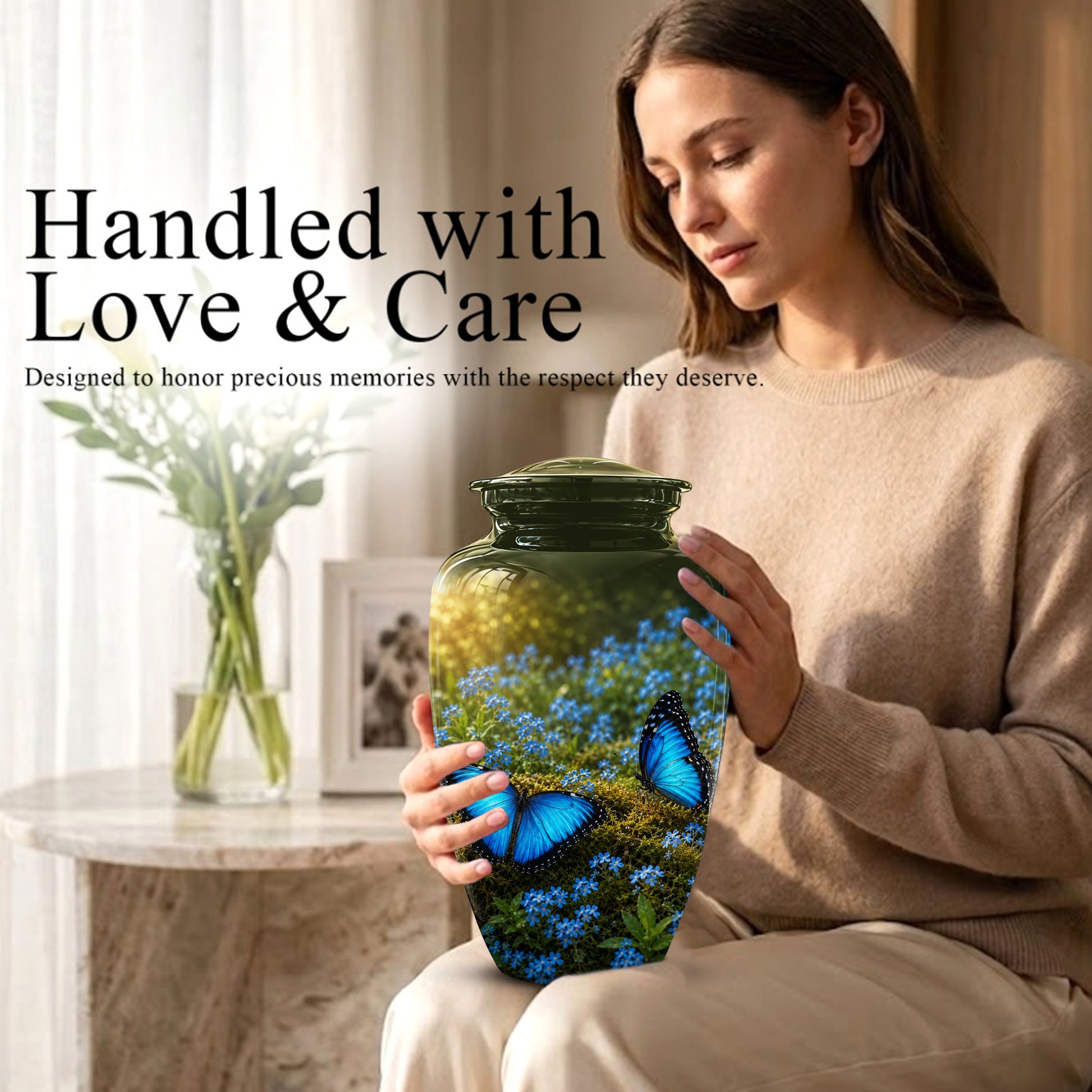 Handcrafted Blue Butterfly Memorial Urn - Elegant Funeral Urns For Mom