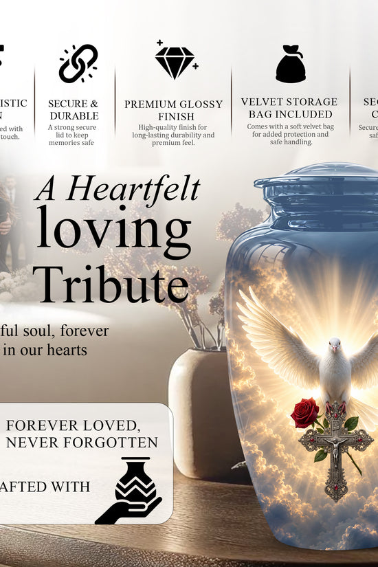 White Dove Bird With Rose - Blue Memorial Urns For Human Ashes