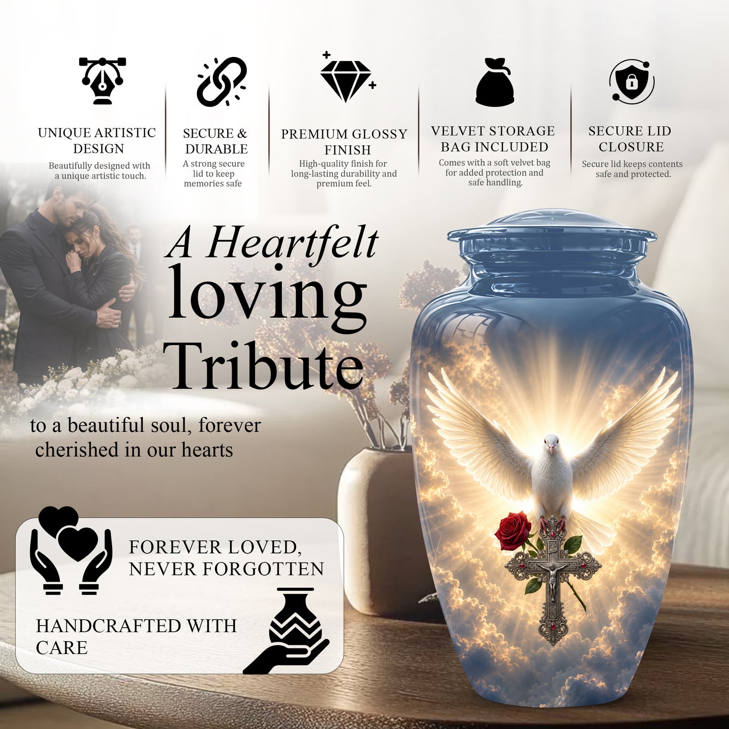 White Dove Bird With Rose - Blue Memorial Urns For Human Ashes