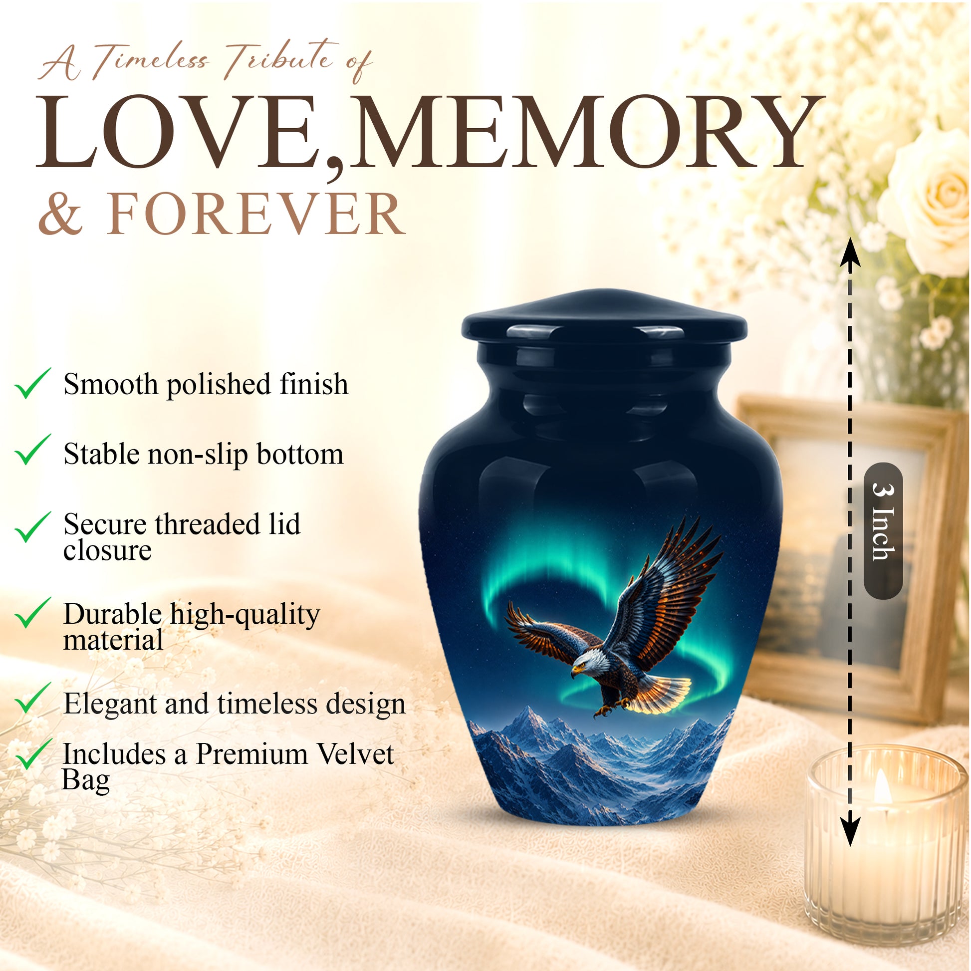 Majestic Eagle Blue Cremation Urn - Personalized Northern Lights Urns
