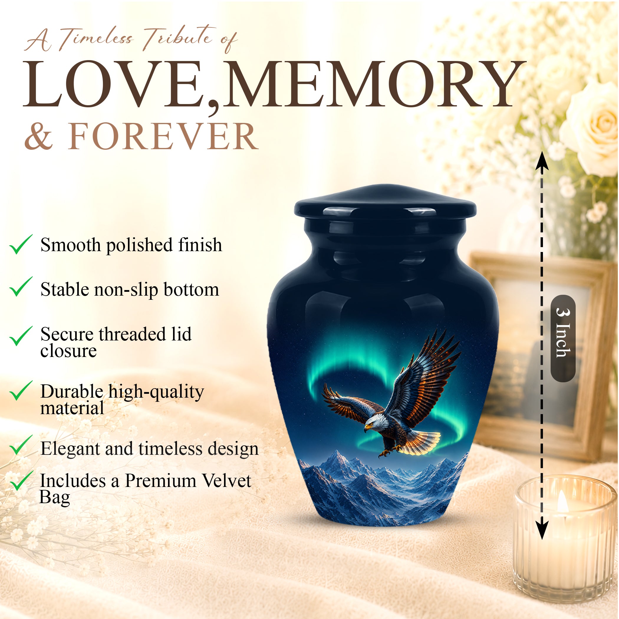 Majestic Eagle Blue Cremation Urn - Personalized Northern Lights Urns