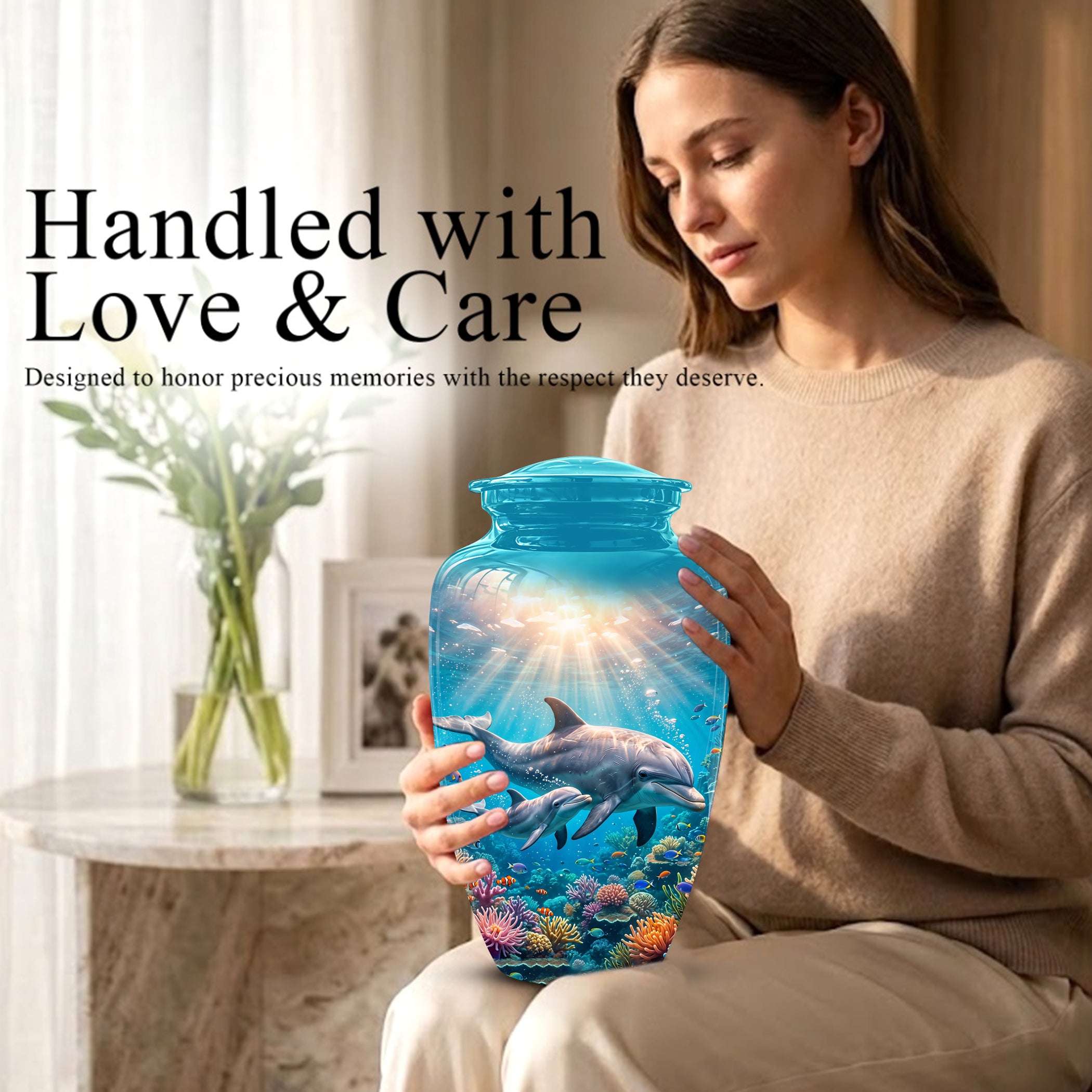 Baby Dolphin With Mother - Beautiful Artistic Urn To Tribute Mom Ashes
