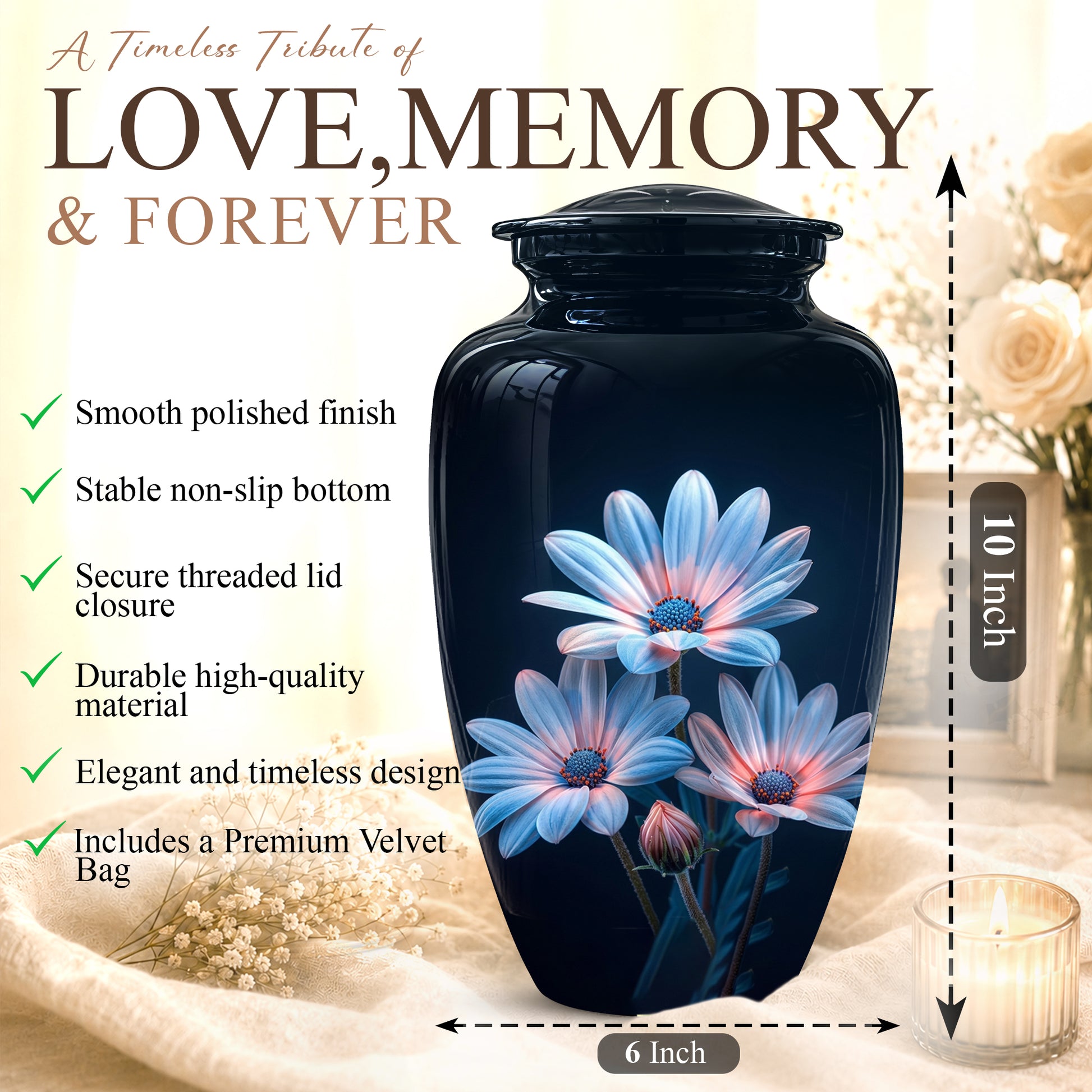 Blue Flower Memorial  Urn - Beautifully Crafted Urns To Tribute Ashes