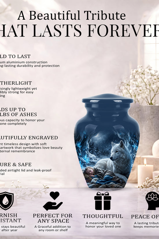 White Wolf With Girl Urn - Custom Memorial Urns For Men & Women Ashes