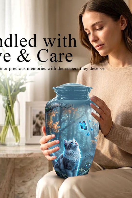 White Cat With Flying Butterfly - Custom Handcrafted Urns For Humans