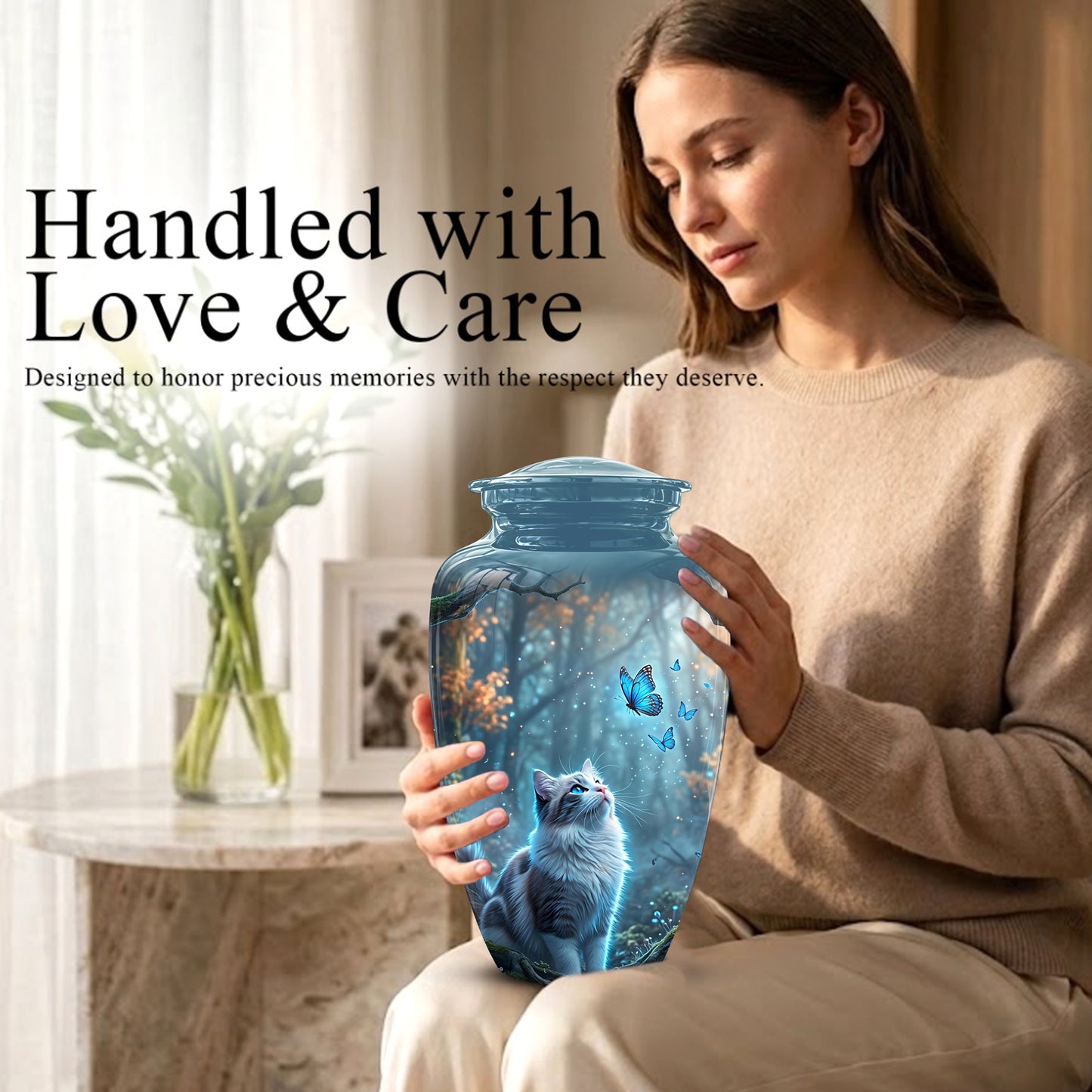 White Cat With Flying Butterfly - Custom Handcrafted Urns For Humans