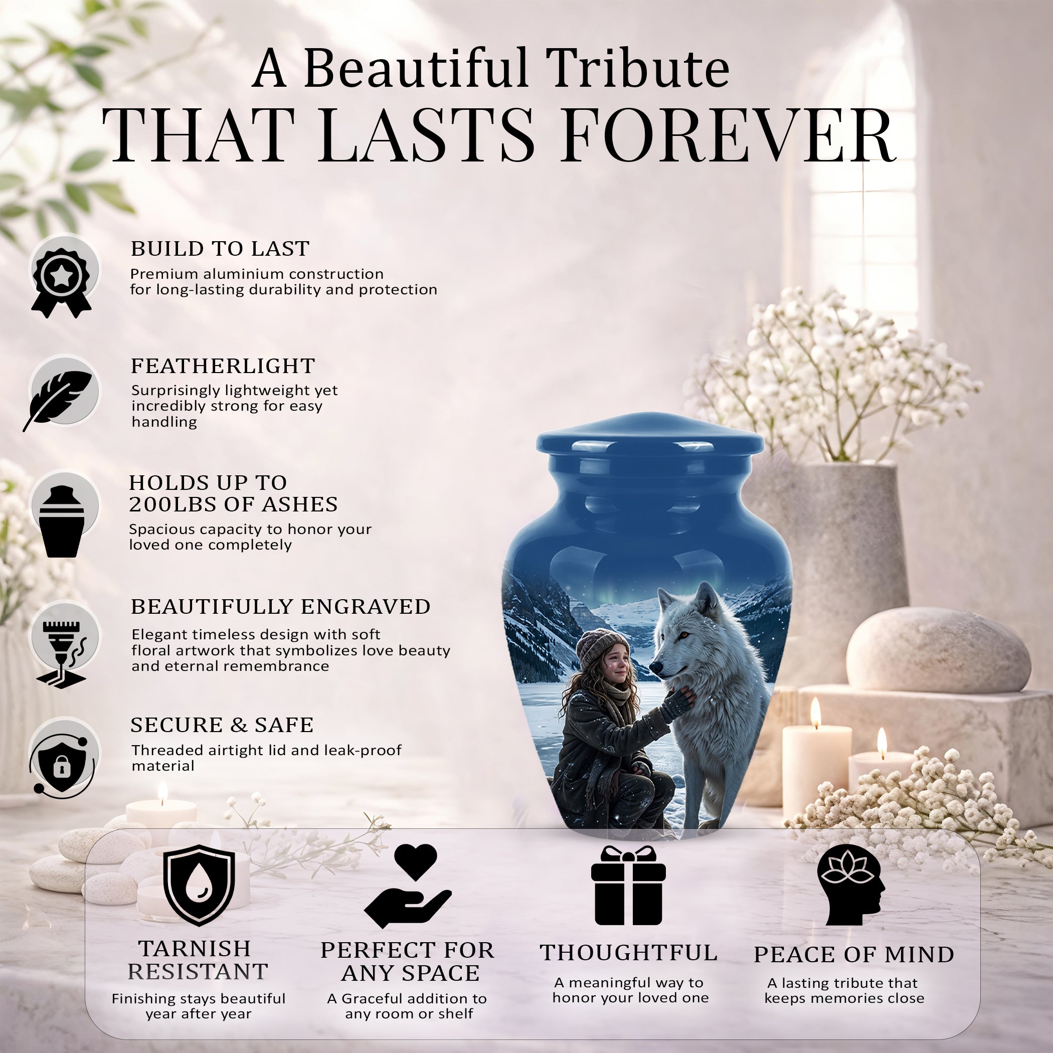 Snowy Moonlit White Wolf Urn for Ashes | Custom Memorial Urn