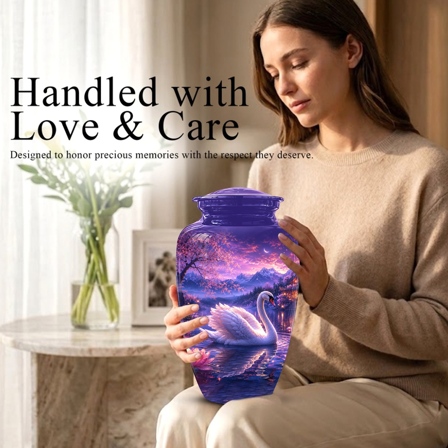 Swan & Cherry Blossom Serenade Urn - Beautiful Custom Urns For Ashes