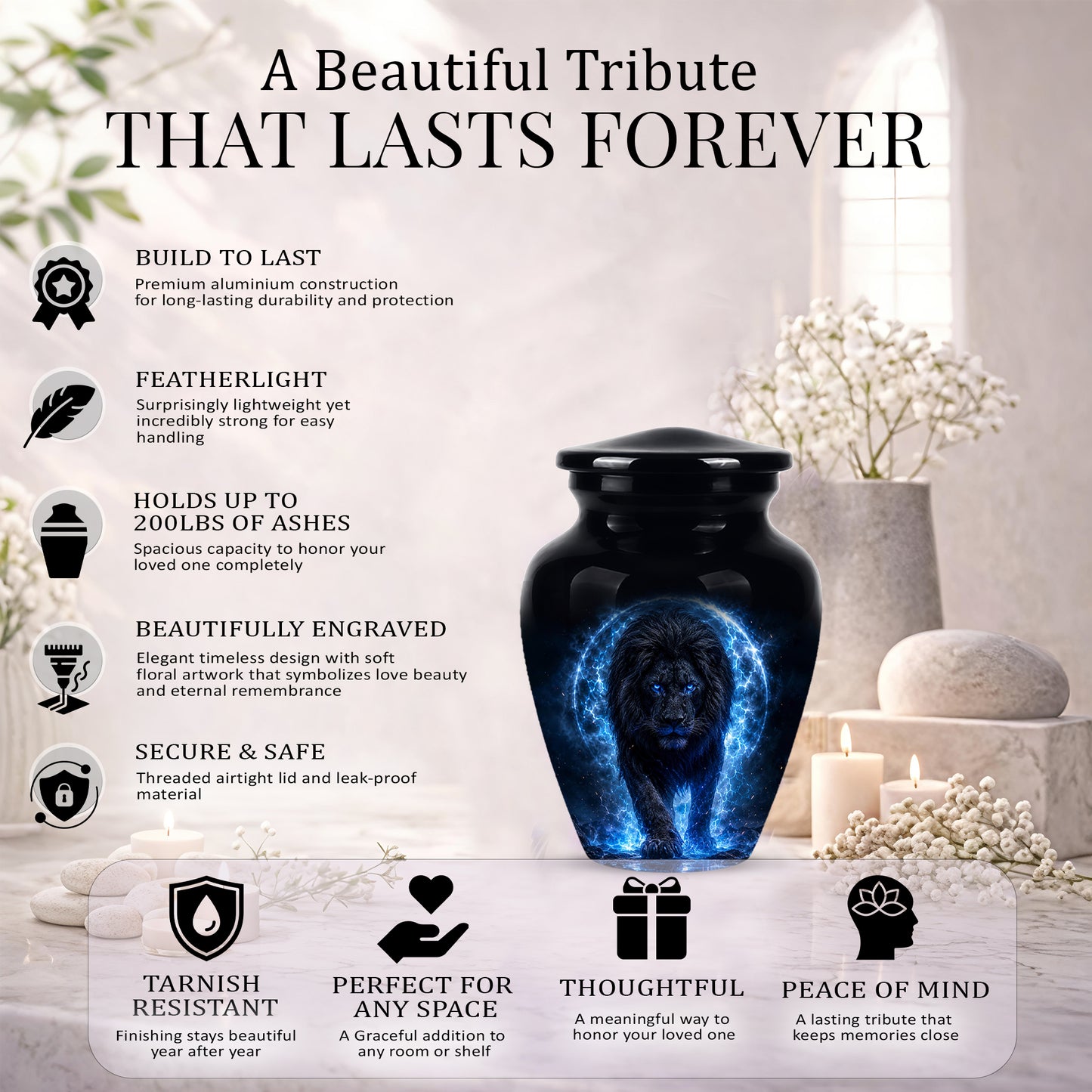 Black Lion Cremation Urns - Personalized Memorial Urns For Human Ashes