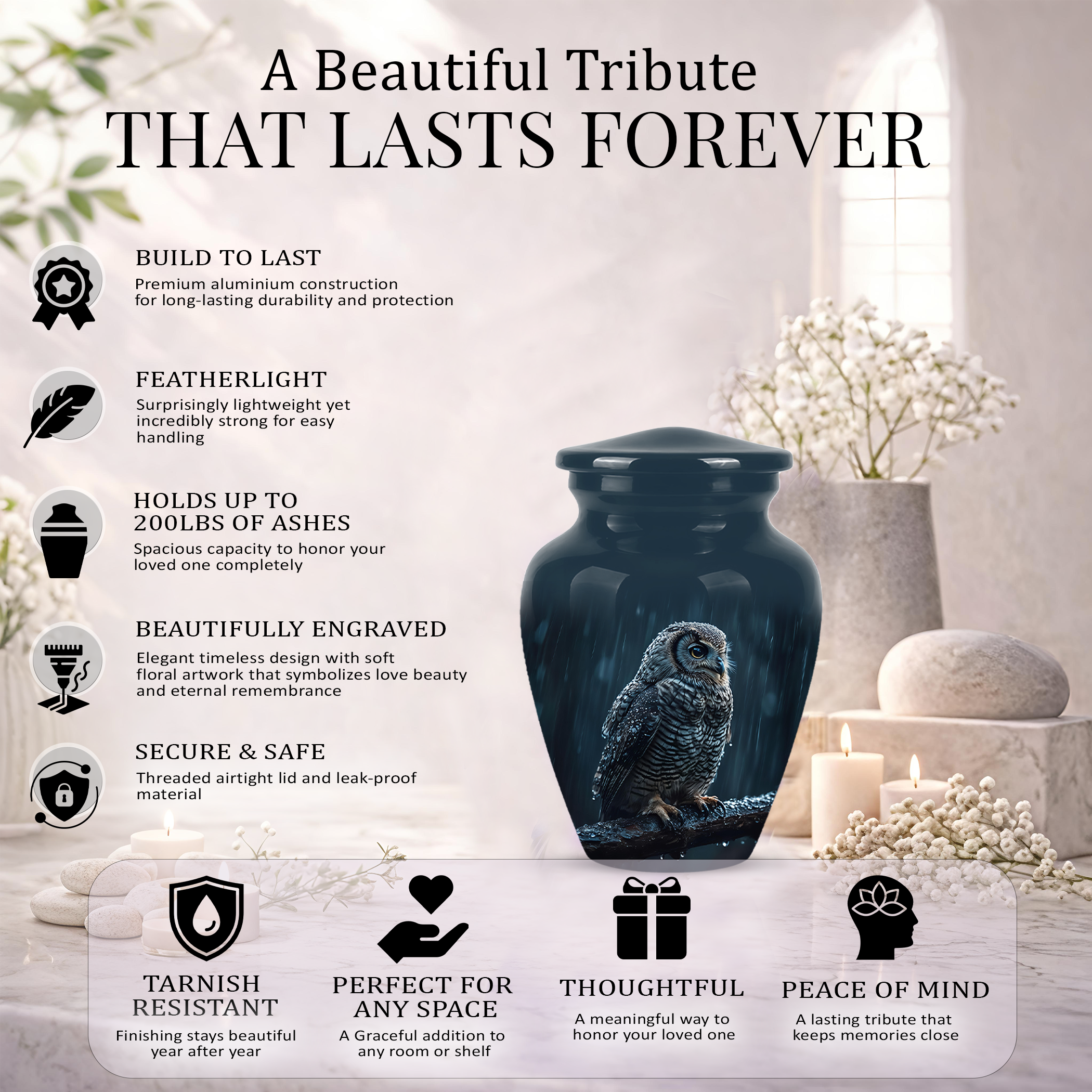 Snowy Owl Cremation Urn - Night Owl Burial Urns For Human Ashes