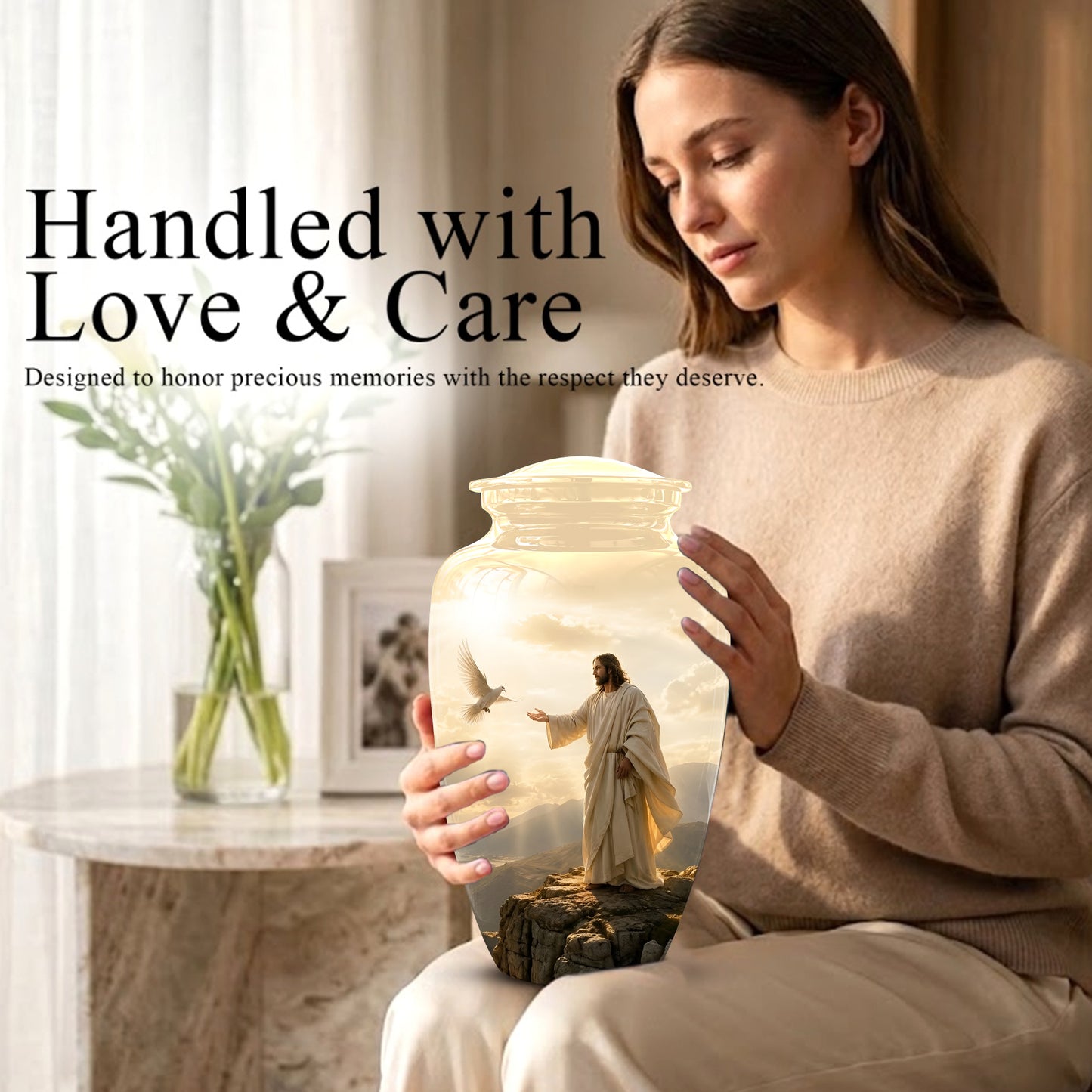 Jesus With Dove Themed Urn - Peaceful Eternal Rest Urn For Human Ashes