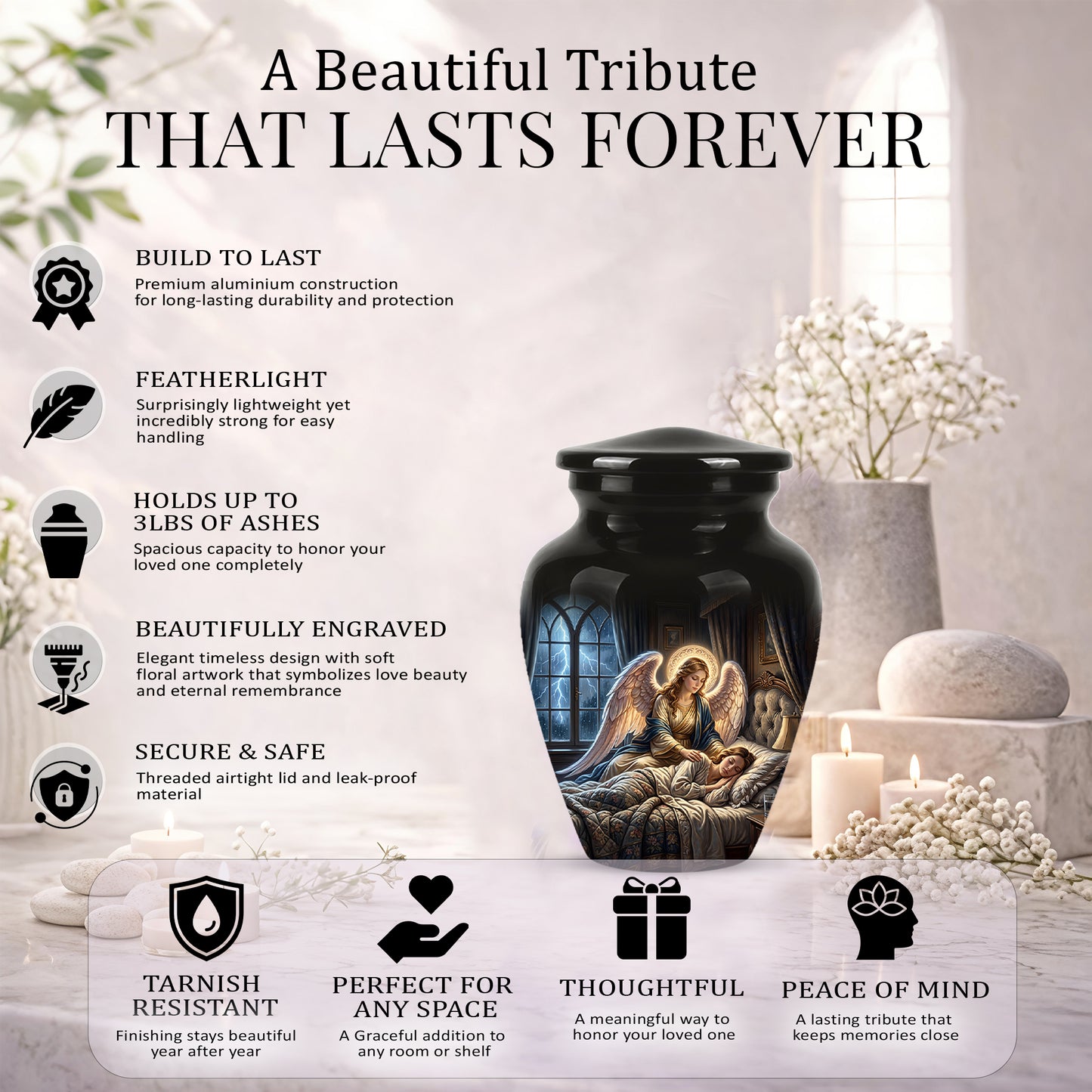 Angel Mom Cremation Urn - Black Memorial Urns For Mother Ashes