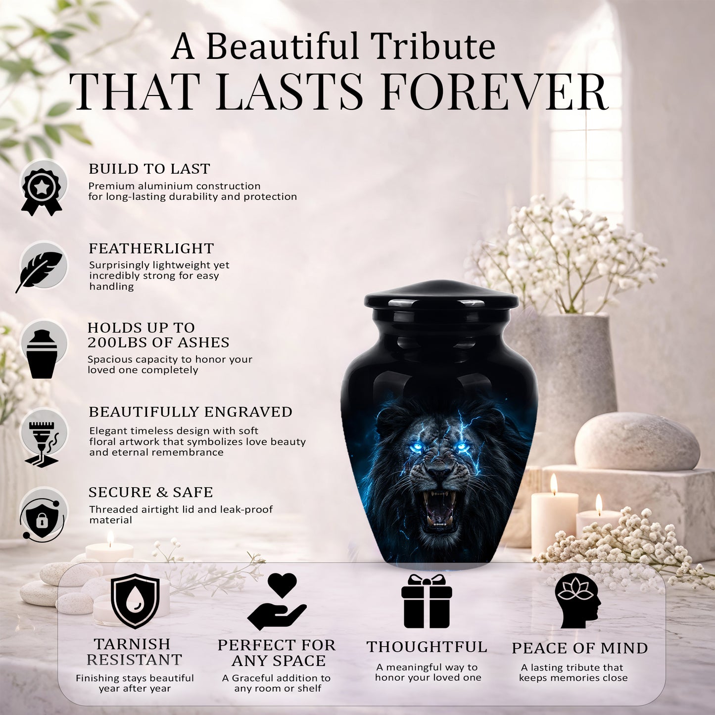 Black Lion Memorial Urns - Custom Handmade Burial Urns For Human Ashes