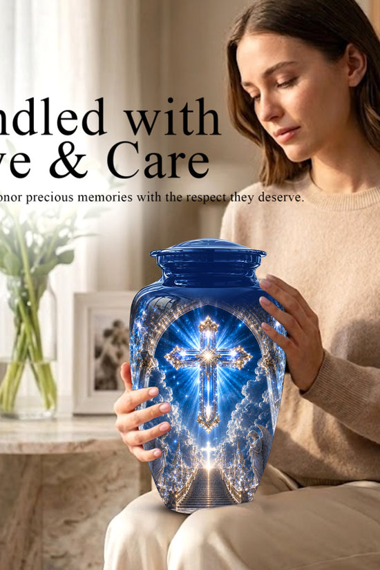 Heavenly Cross Cremation Urn – Blue Memorial Urn For Human Ashes