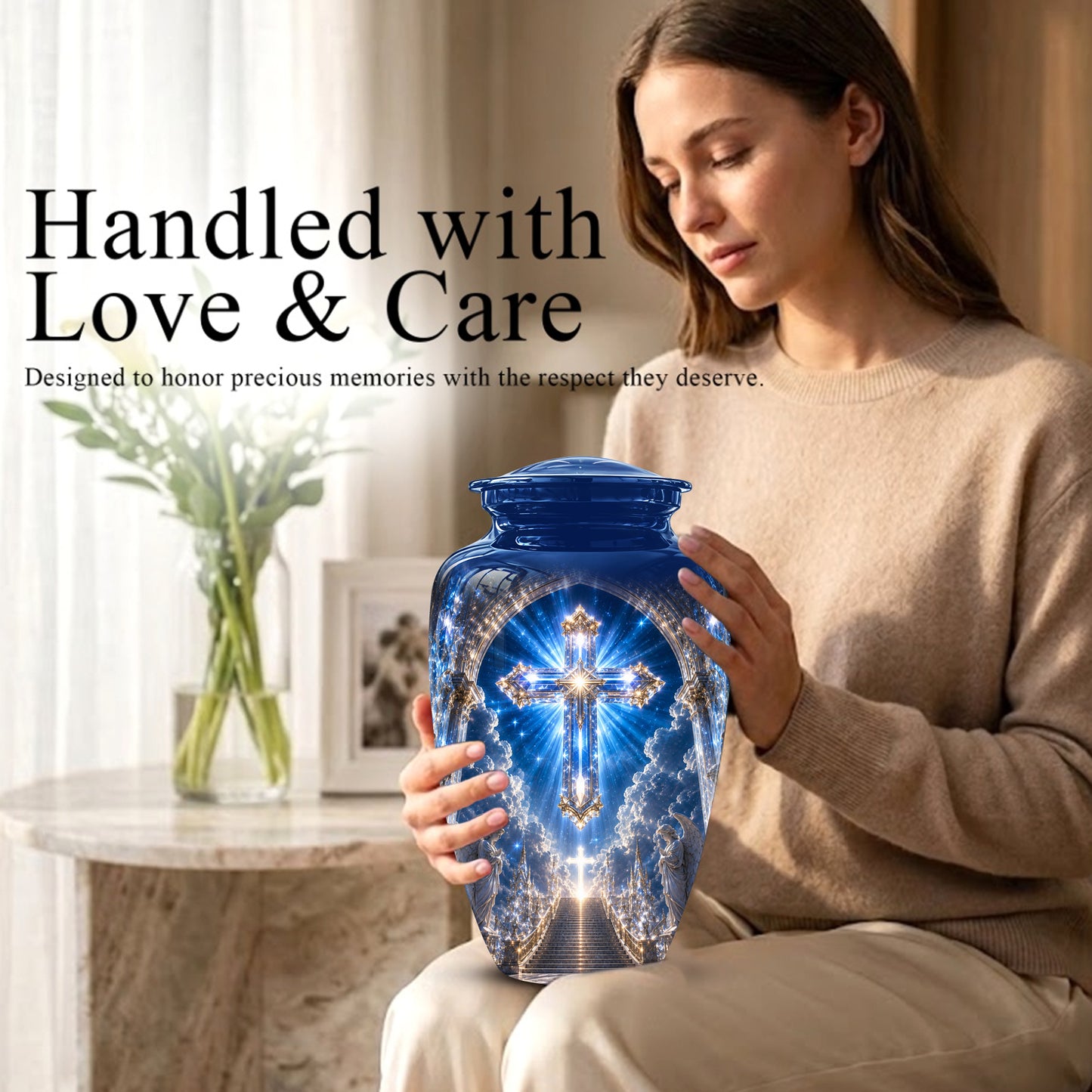 Heavenly Cross Cremation Urn – Blue Memorial Urn For Human Ashes
