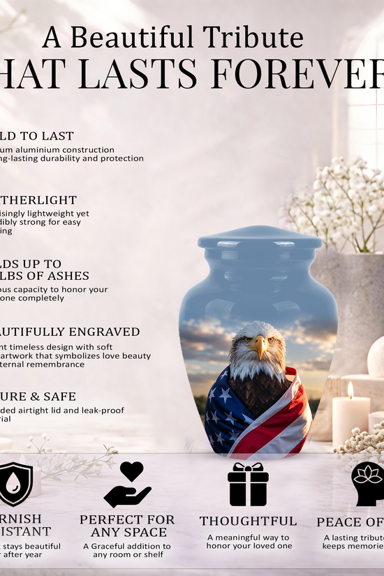 Bald Eagle Draped in American Flag - Patriotic Burial Urns For Human Ashes