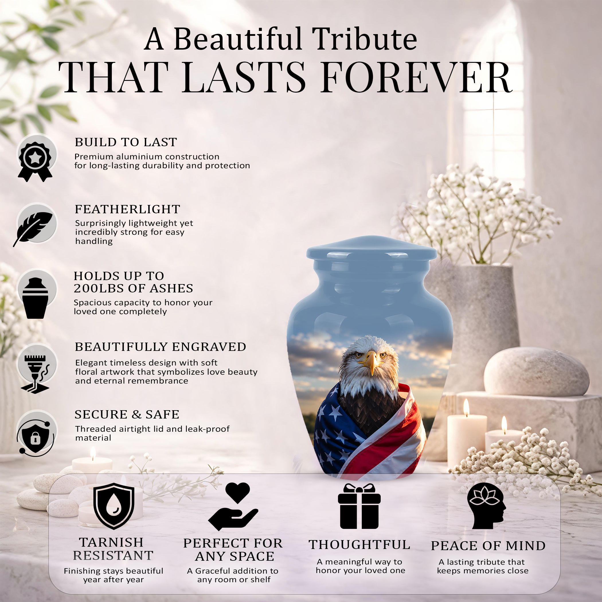Bald Eagle Draped in American Flag - Patriotic Burial Urns For Human Ashes
