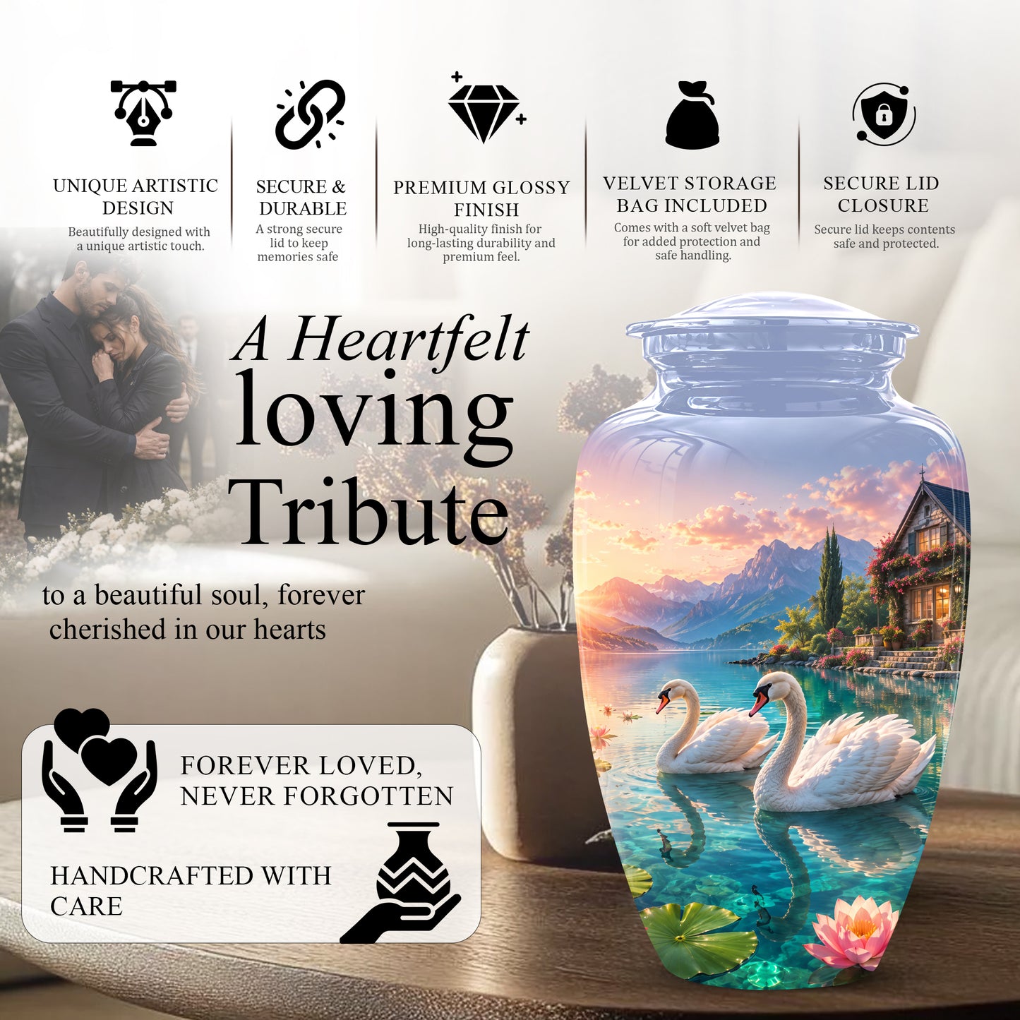 Couple Swan Themed Urn - Artistic Handcrafted Burial Urns For Humans