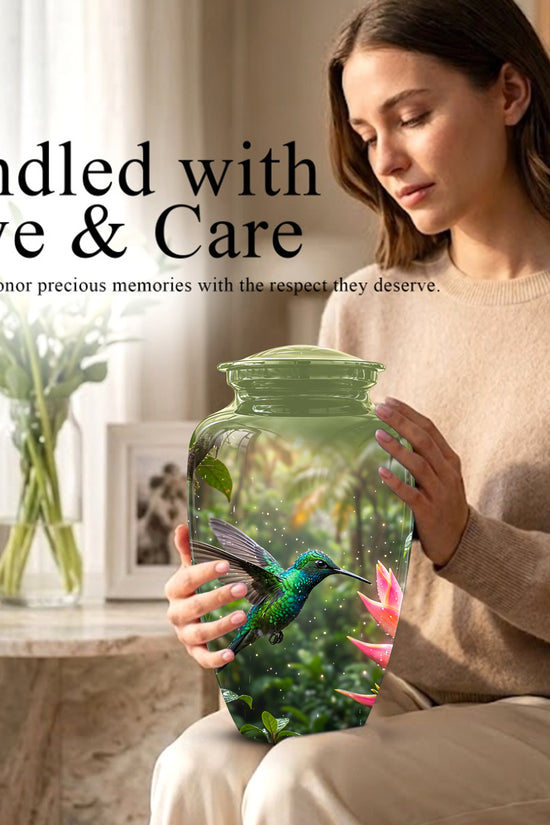 Celestial Flying Green Hummingbird Urn - Majestic Handcrafted Burial Urn