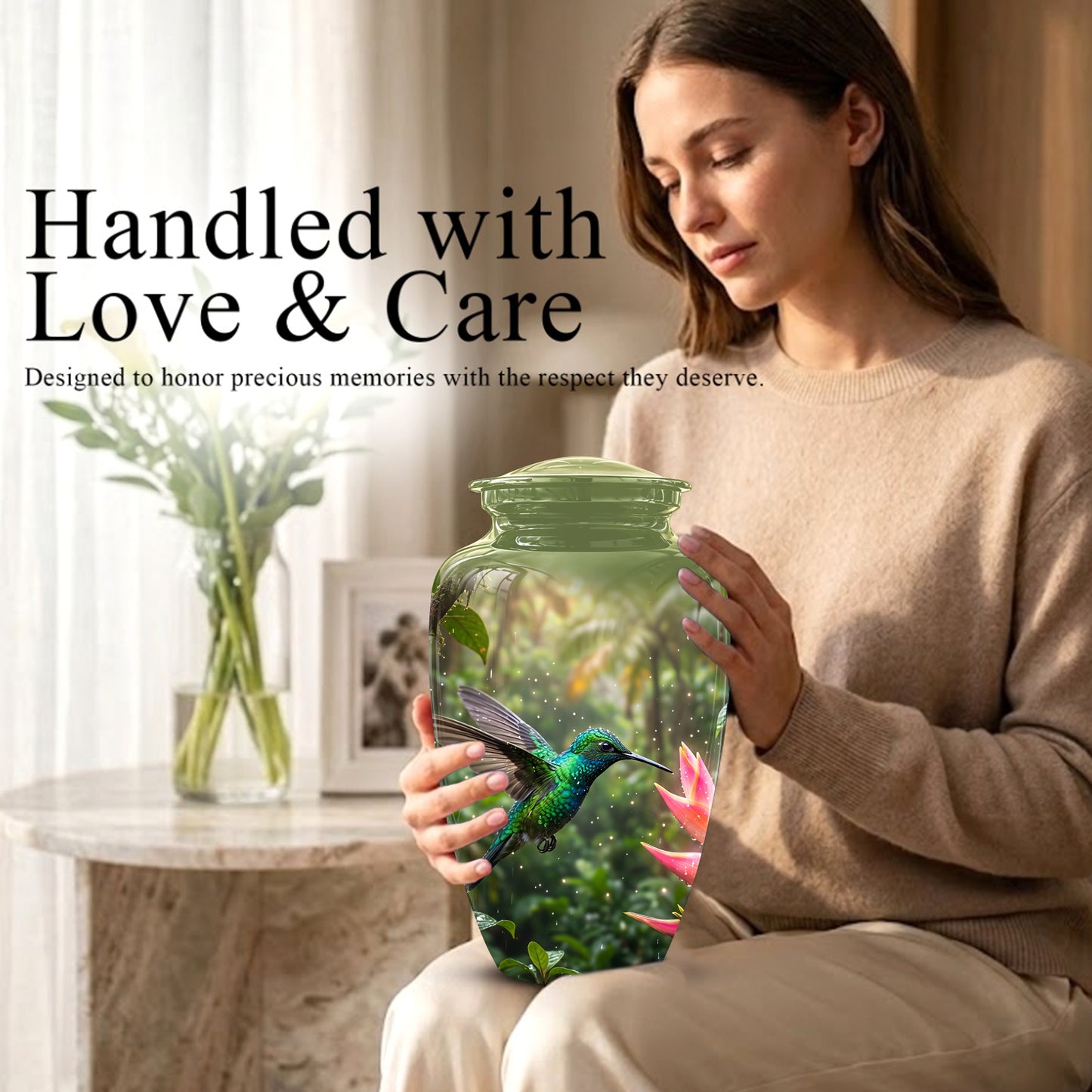 Celestial Flying Green Hummingbird Urn - Majestic Handcrafted Burial Urn