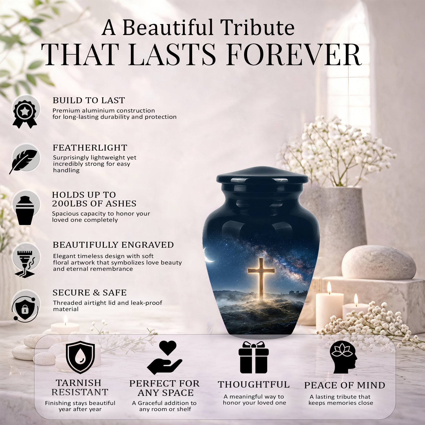 Jesus Cross In Night Sky Urn - Artistic Funeral Memorial Urns For Human Ashes