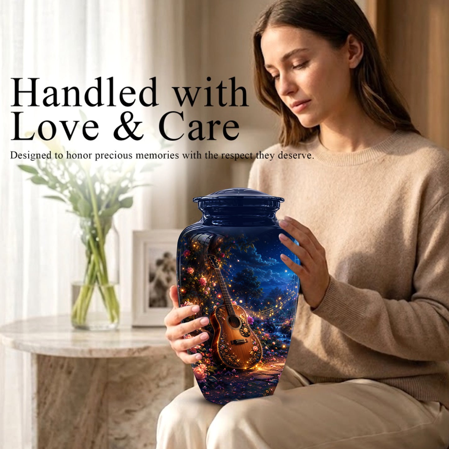 Acoustic Guitar & Starry Night Urn - Custom Funeral Urns For Musicians