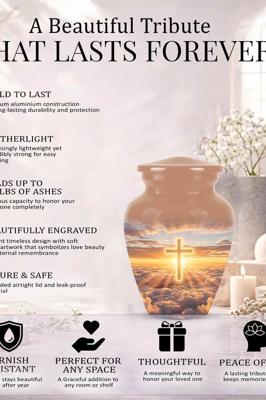 Christian Cross in Sky Cremation Urn - Beautiful Artistic Burial Urns For Ashes